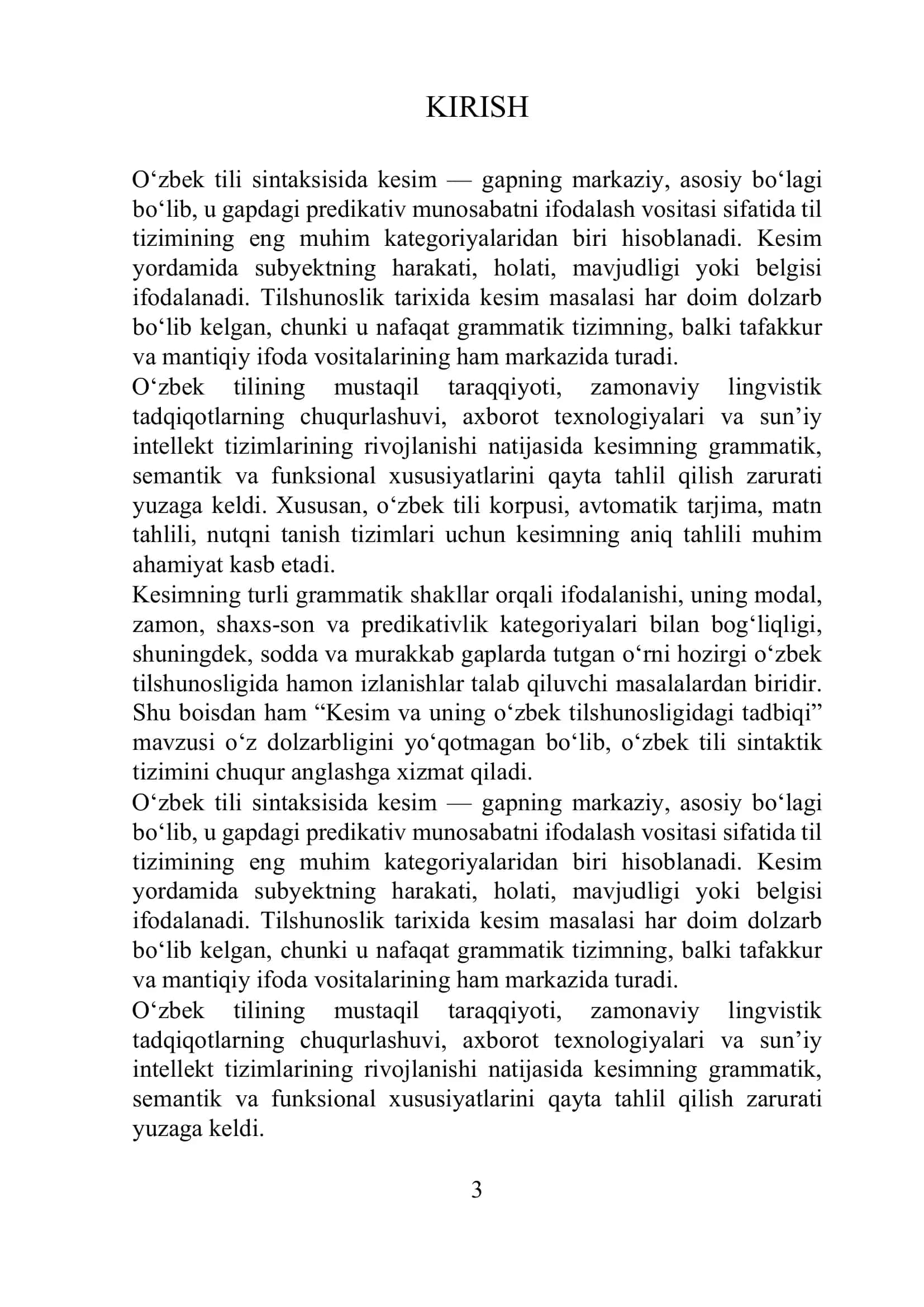 KESIM VA UNING O'ZBEK TILSHUNOSLIGIDA TADQIQI. O‘ZBEK TILIDA KESIMNING STRUKTUR VA SEMANTIK XUSUSIYATLARI 3