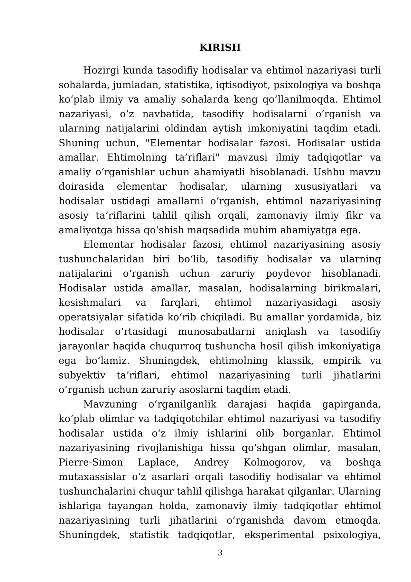 Elementar hodisalar fazosi. Hodisalar ustida amallar. Ehtimolning ta’riflari 3