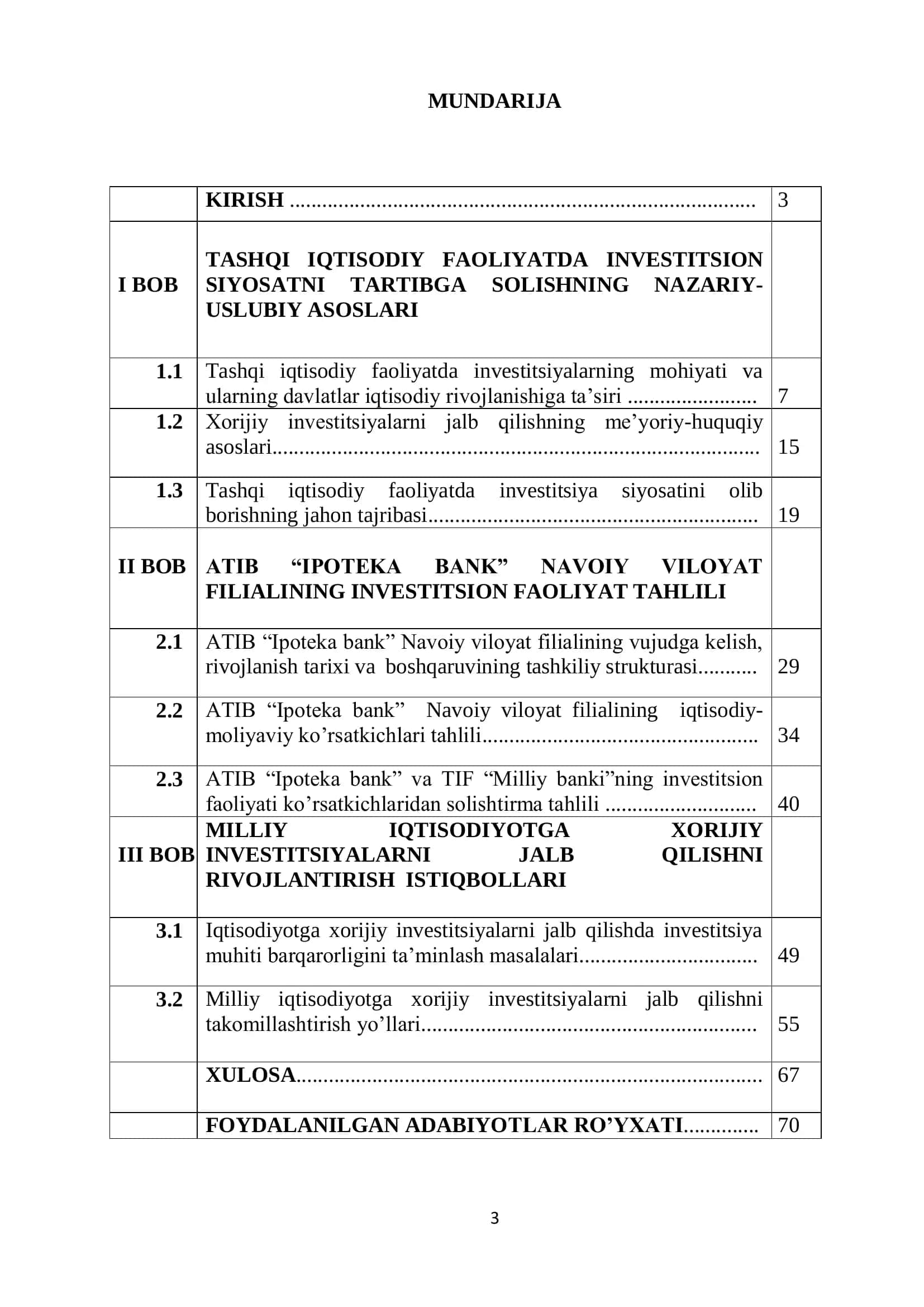 "TASHQI IQTISODIY FAOLIYATDA INVESTITSION SIYOSATNI OLIB BORISH VA UN 3