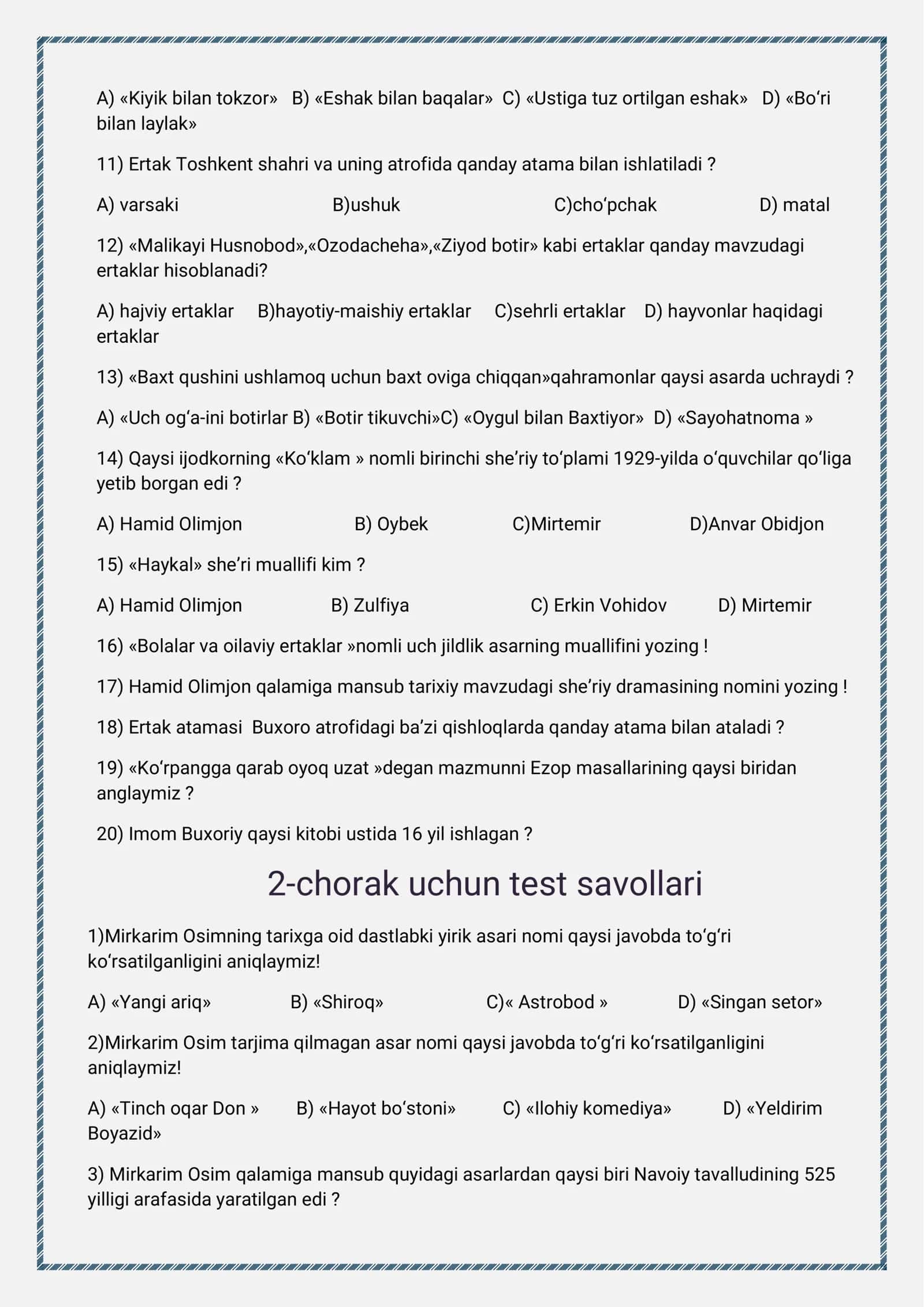 5-sinf adabiyot fanidan choraklik testlar 3