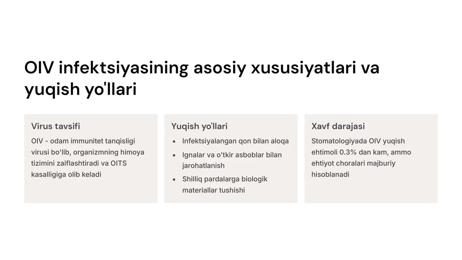 OIV infektsiyasi va gepatit B ning oldini olish  Ortoped-tish shifokorining majburiyatlari  Hamshiraning majburiyatlari kichik tibbiy xodimning majburiyatlari. Vrach stomatologning etika va deontologiyasi Stomatologiyada sterilizatsiya va dezinfeksiya.Vrach stomatologlarning ximoya anjomlari 3