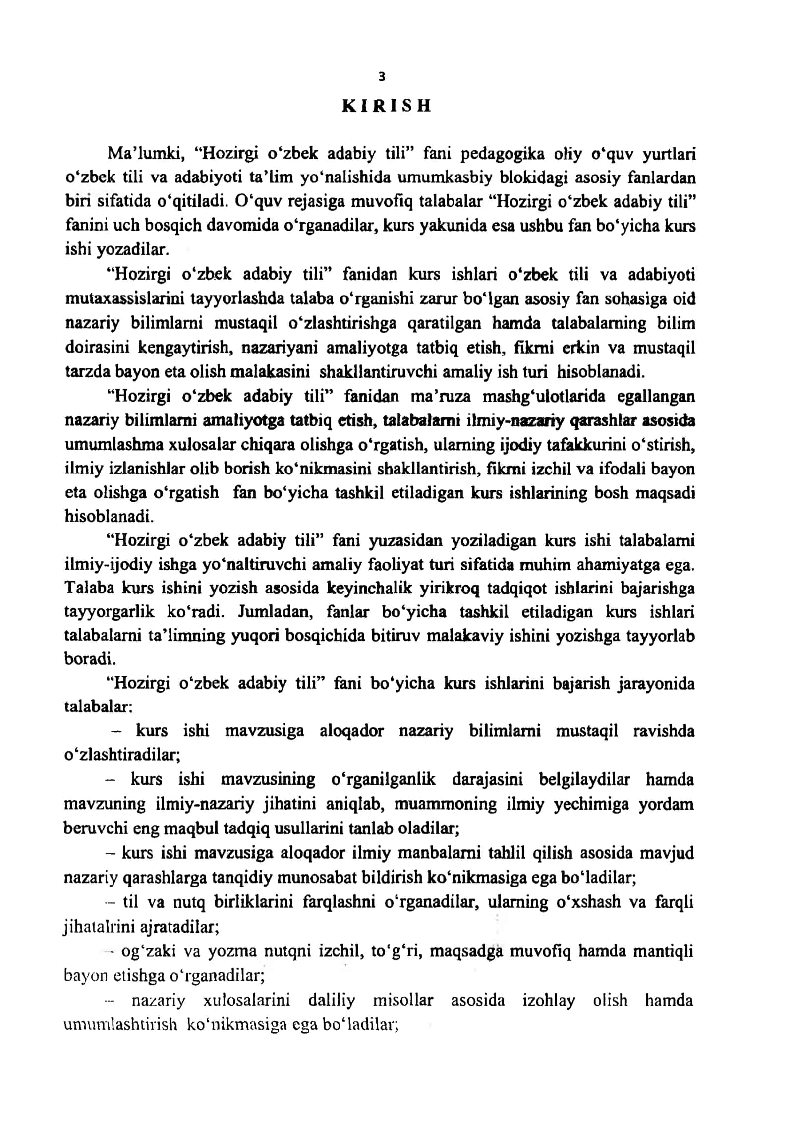 “HOZIRGI 0 ‘ZBEK ADABIY TILI” FANIDAN KURS ISHLARINI TASHKIL ETISH 3