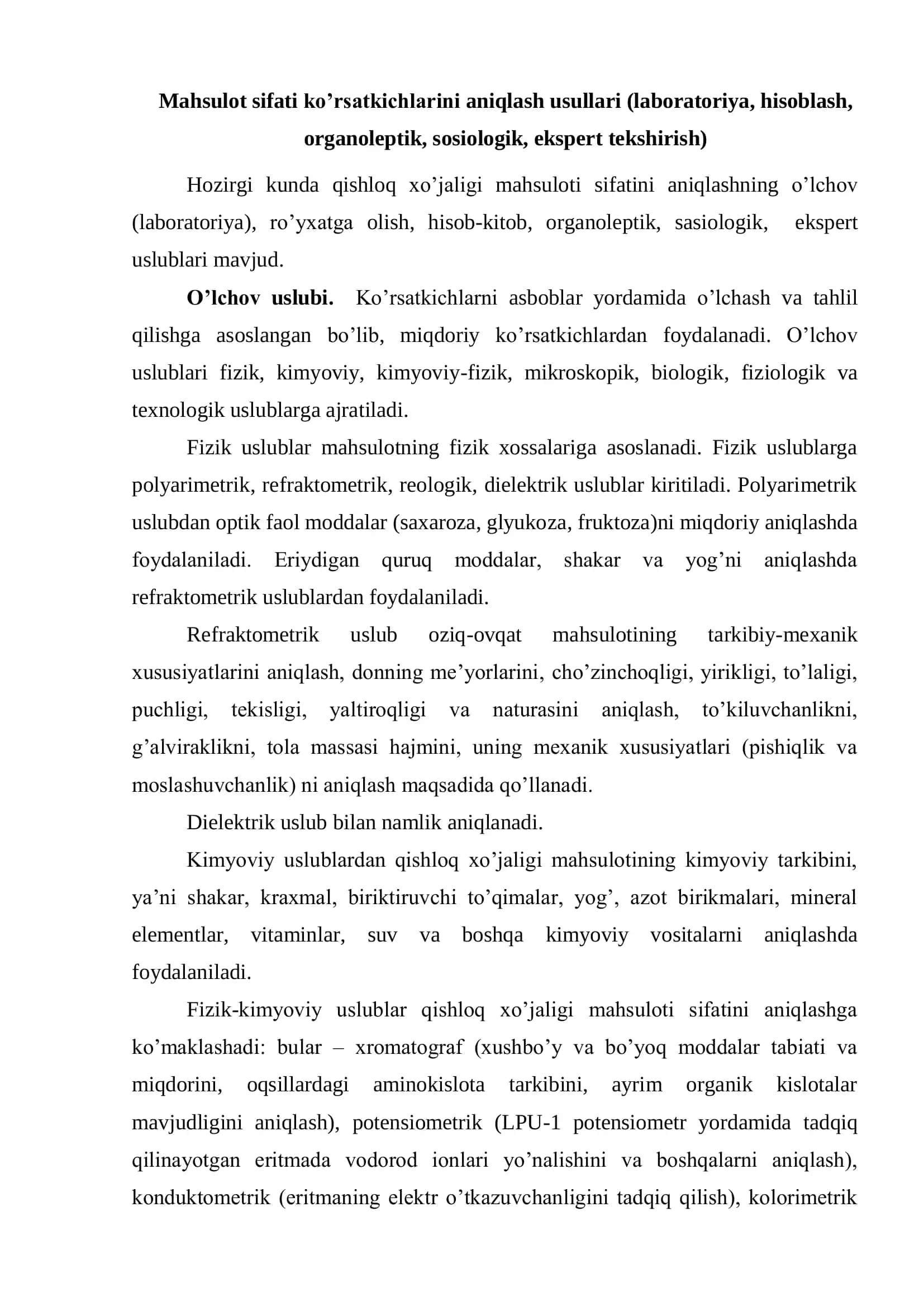"Mahsulot sifati ko’rsatkichlarini aniqlashda organaleptik usullarni ko’llash" Referat 3