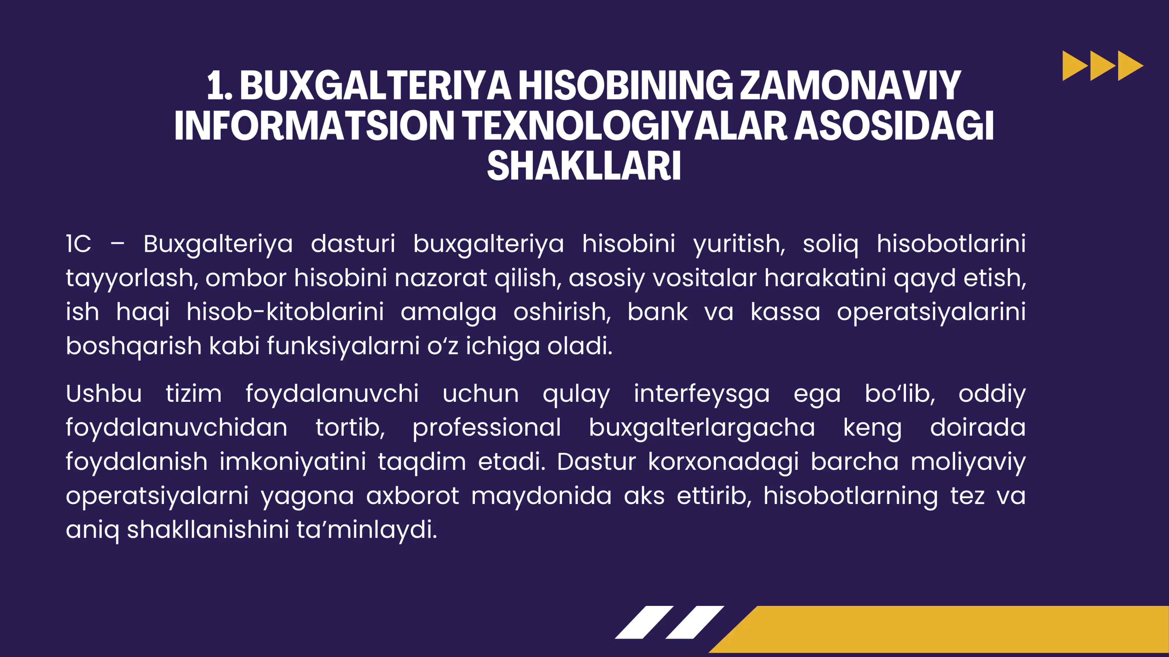 BUXGALTERIYA HISOBINING INFORMATSION TEXNOLOGIYALARGA ASOSLANGAN (1C - BUXGALTERIYA) VA SODDALASHTIRILGAN SHAKLLARI 3