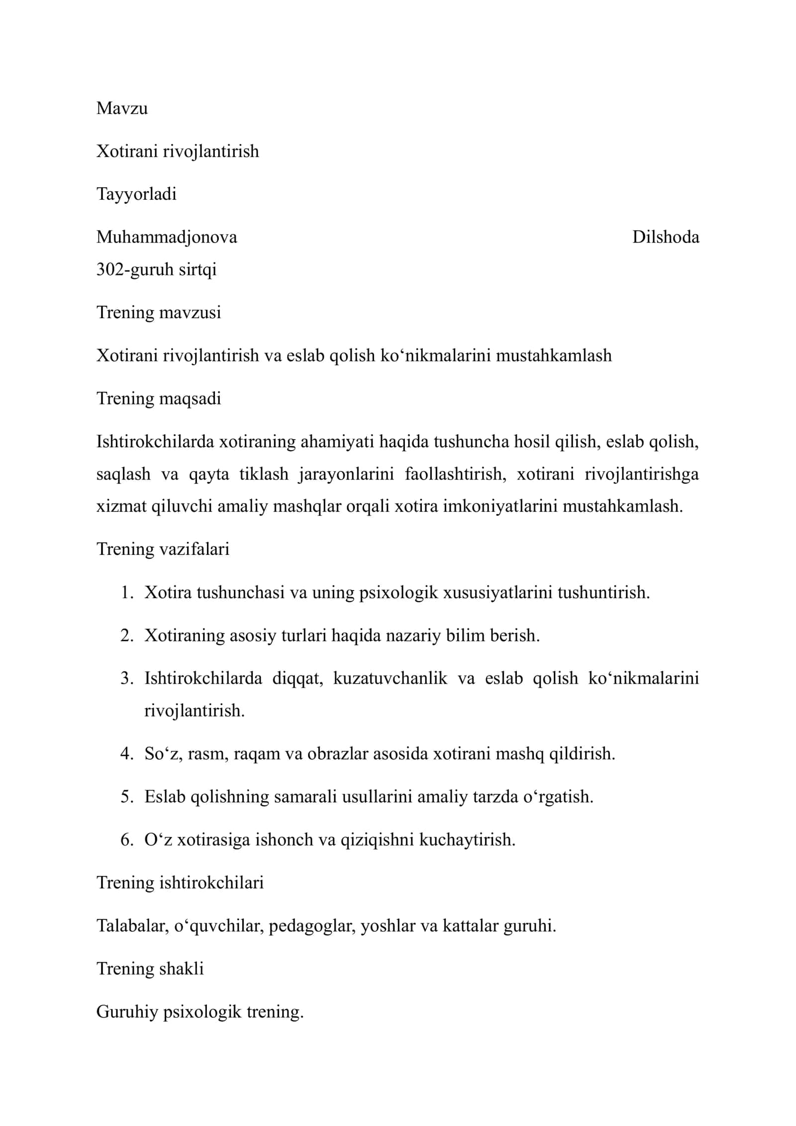 Xotirani rivojlantirish 3