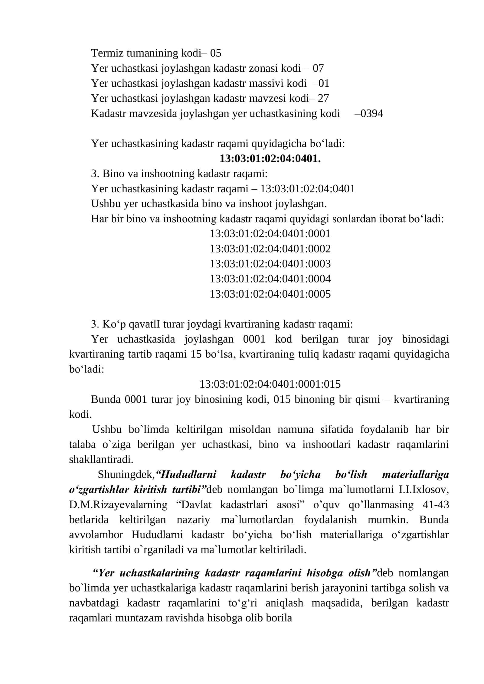 Yer uchastkalari, binolar va inshootlarning kadastr raqamini shakllantirish 3