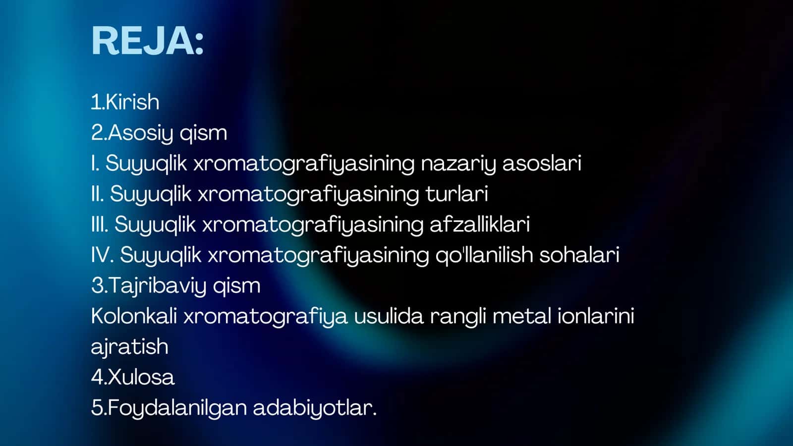 "Suyuqlik xromatografiyasi usullari yordamida moddalar analizi " 3