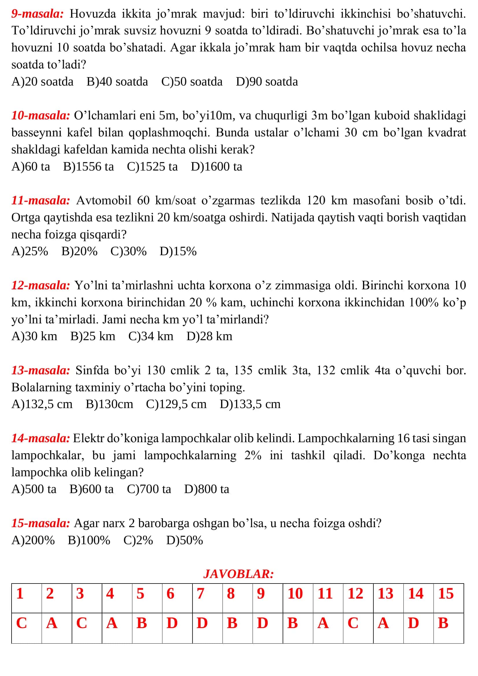 Prezident va ixtisoslashtirilgan maktab testlaridan namunalar (matnli masalalar) 3
