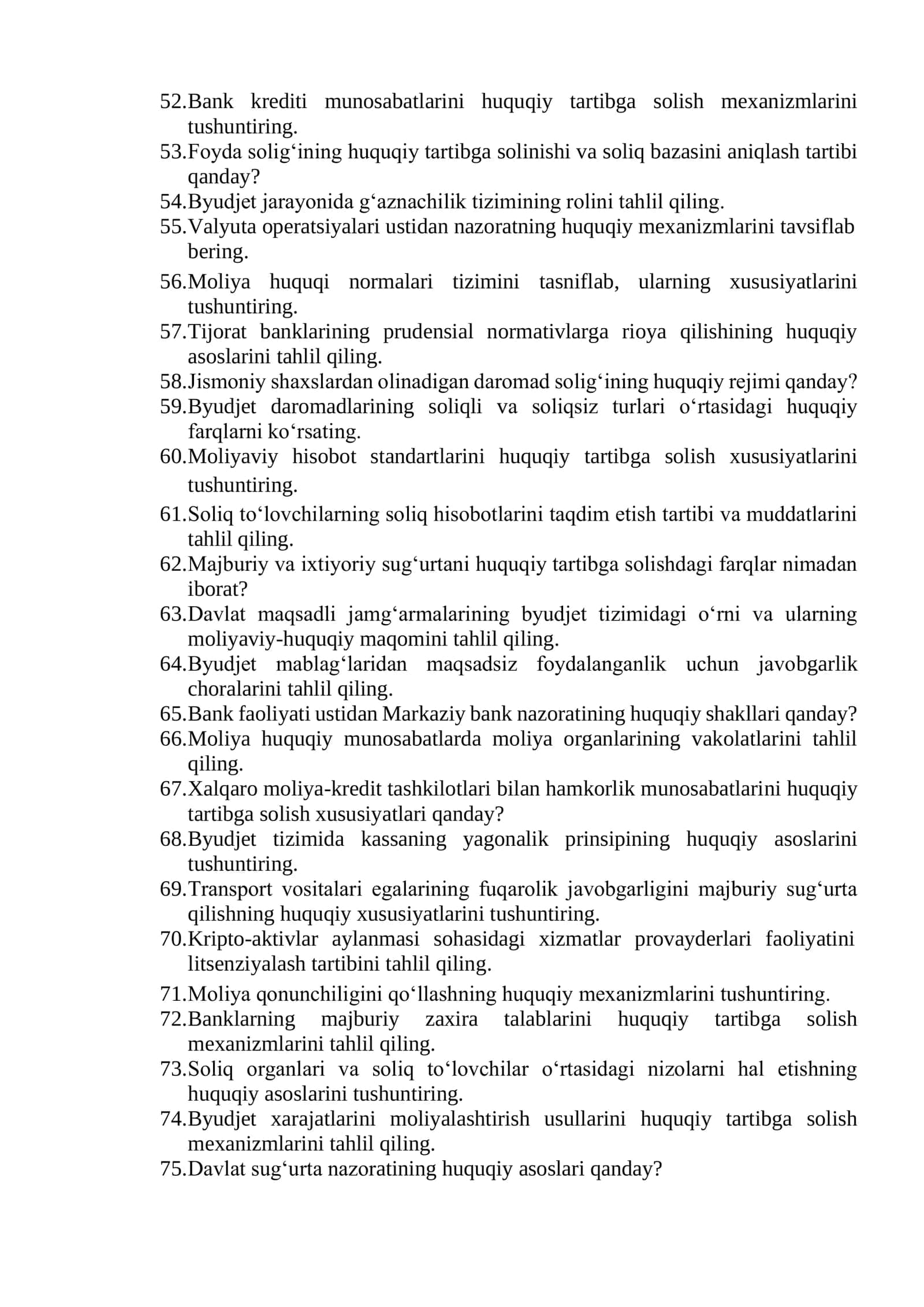 MOLIYA HUQUQI FANIDAN JORIY, ORALIQ VA YAKUNIY NAZORAT UCHUN SAVOLLAR 3