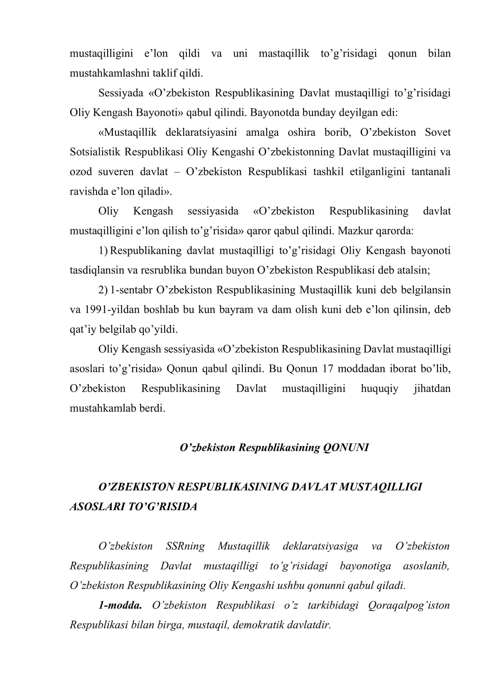 O’zbekistonda davlat mustaqilligining qo’lga kiritilishi. Demokratik xuquqiy davlat va fuqarolik jamiyati asoslarining barpo etilishi 3