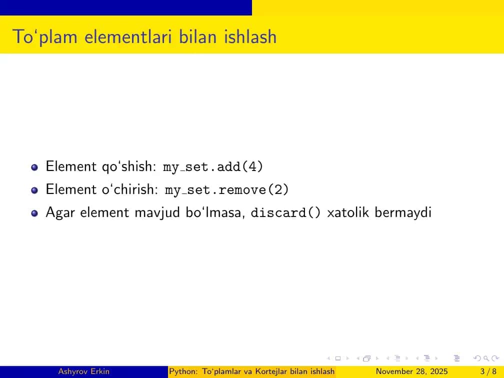 Python: To‘plamlar va Kortejlar bilan ishlash 3
