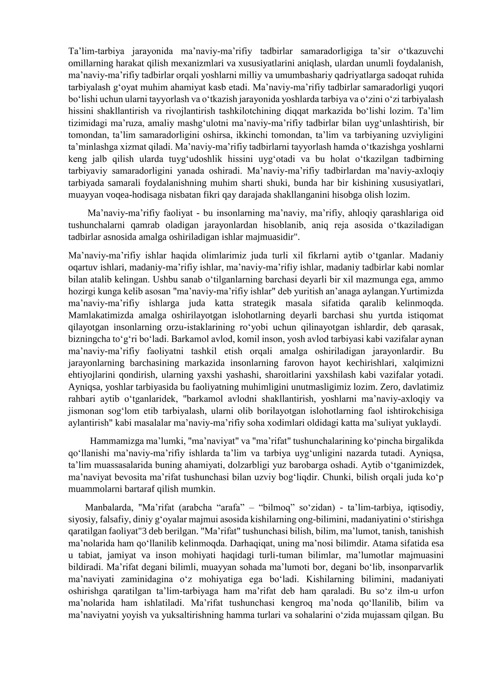 Ma’naviy-ma’rifiy ishlar tizimi. Ma`naviy-ma`rifiy ishlarni tartibga soluvchi me`yoriy-huquqiy hujjatlar. 3