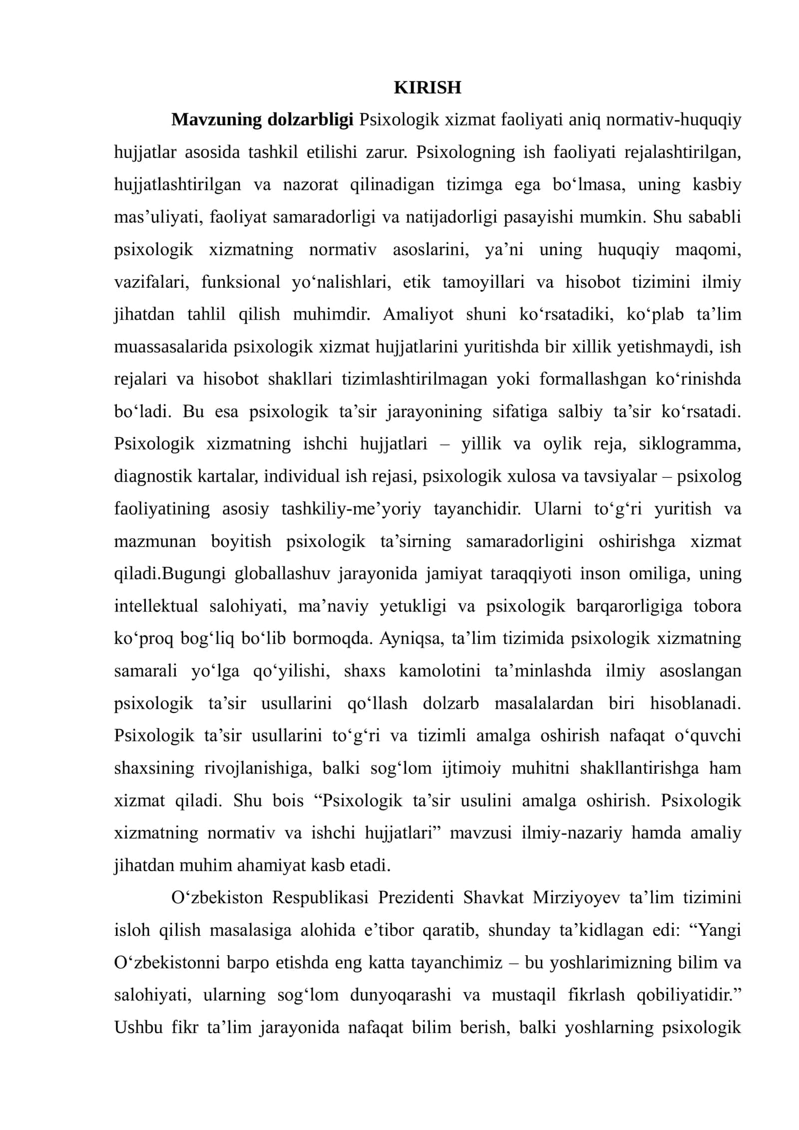 PSIXOLOGIK TA’SIR USULINI AMALGA OSHIRISH. PSIXOLOGIK XIZMATNING NORMATIV VA ISHCHI XUJJATLARI 3