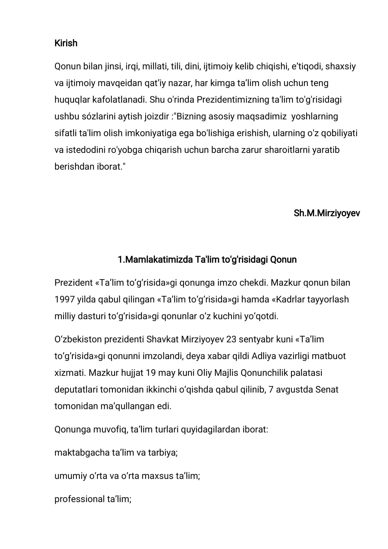 O'zbekiston Respublikasining ta'lim to'g'risidagi yangi qonunlari. Ta'lim tizimi va uning bosqichlari 3