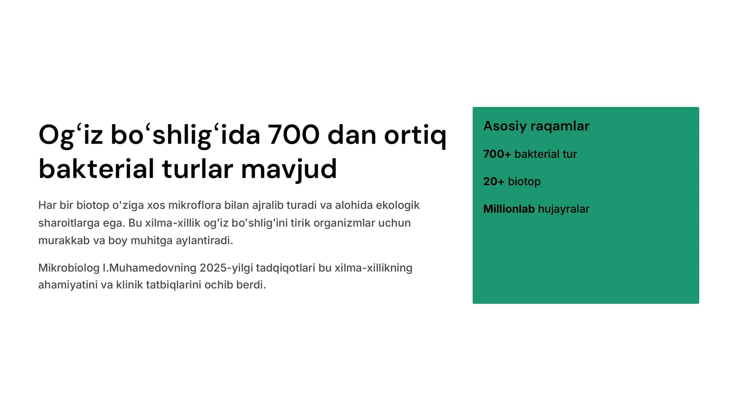 Ogʻiz boʻshligʻining  asosiy biotoplari va  ularni oʻrganish  usullari. Ogʻiz  boʻshligʻi  shilliq qavati  biopardasining  ahamiyati. Yasama  tishlarning ogʻiz  boʻshligʻi  mikroflorasiga ta'siri.  Tishlar boʻlmaganda  ogʻiz boʻshligʻi  mikroflorasining  dinamik oʻzgarishi. 3