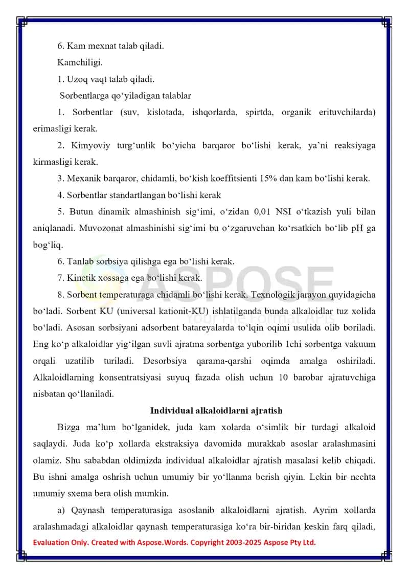 Ion almashinishi bo‘yicha alkaloidlarni olish va tozalash alkaloidlar yig‘indisidan individual alkaloidlarni ajratish. 3