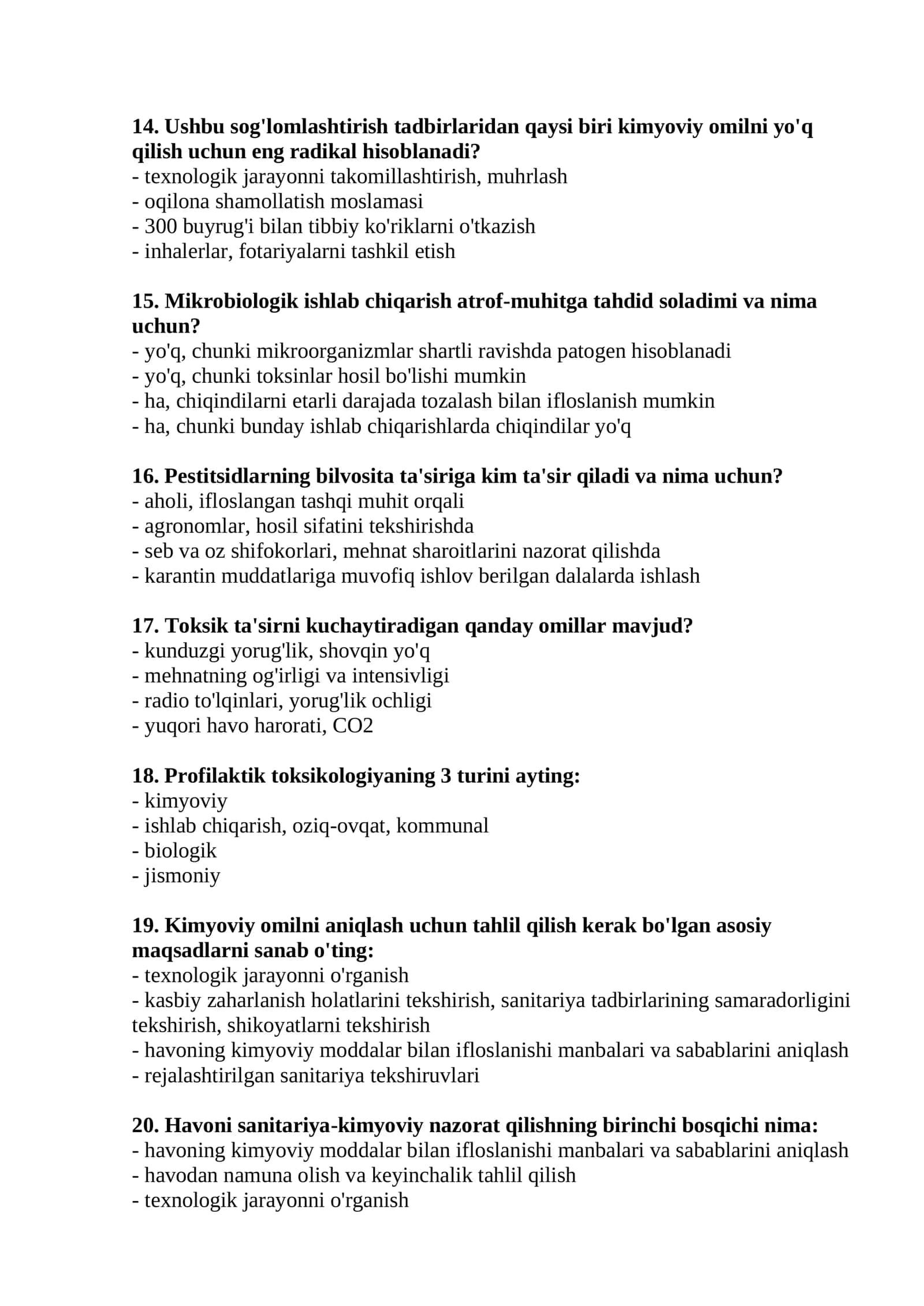 Toksikologik laboratoriya mutaxassisligi bo'yicha shakllantirilgan test savollari ro'yxati 3