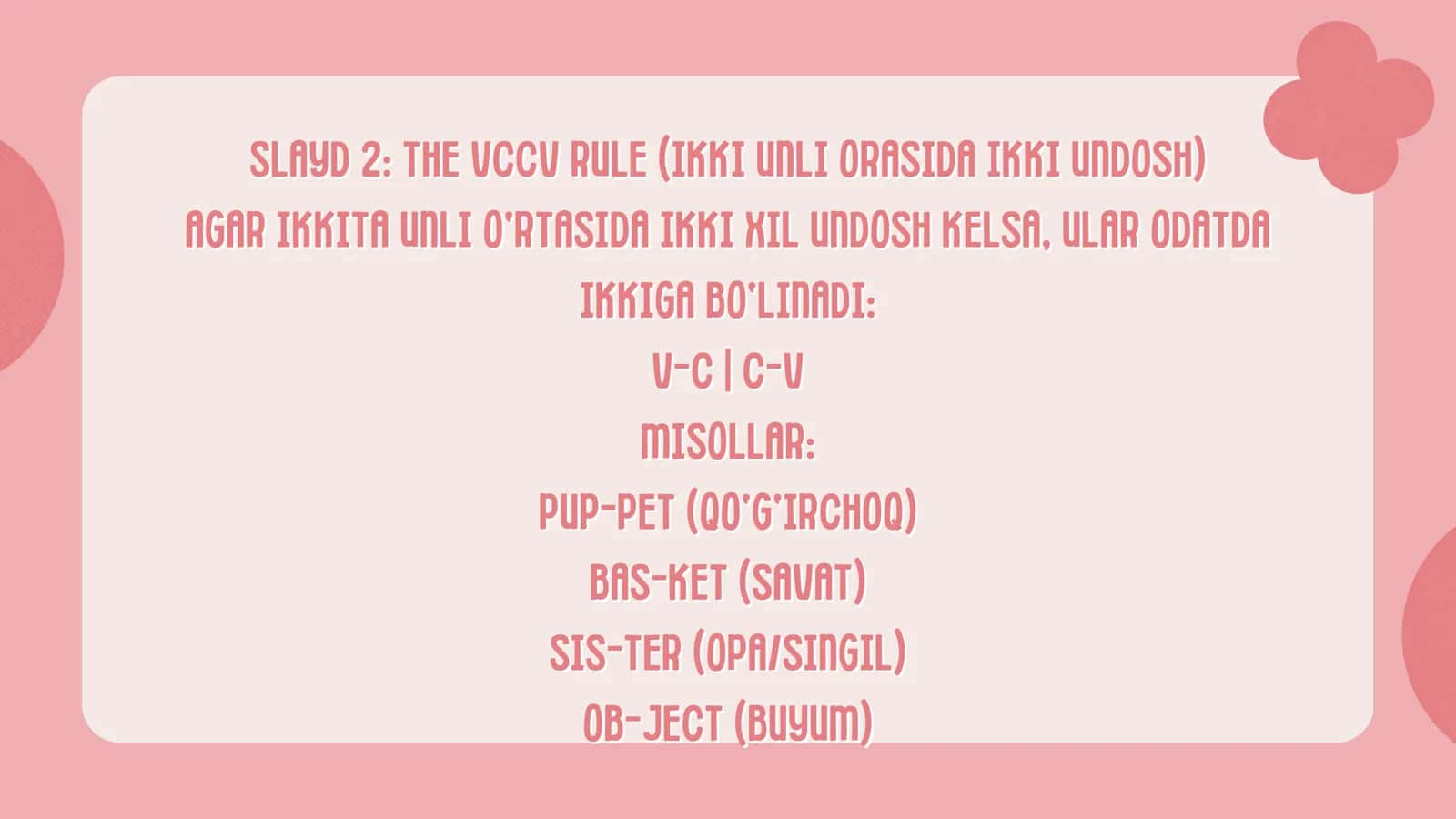 MEDIAL CONSONANT CLUSTERS (SO‘Z O‘RTASIDAGI UNDOSHLAR) 3