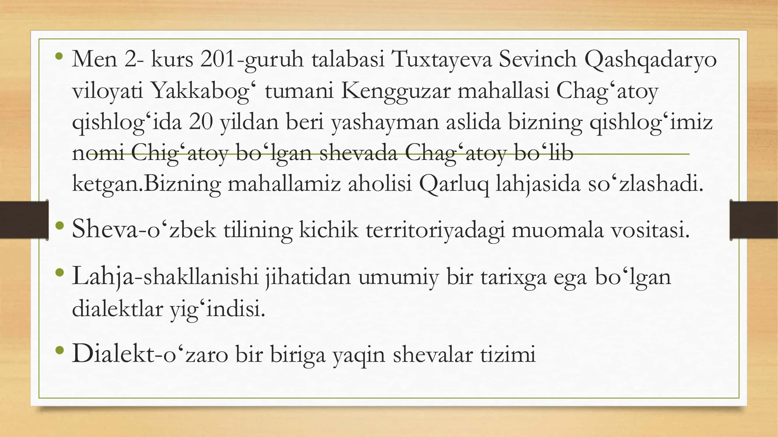 Qashqadaryo viloyati Yakkabogʻ tumani Kengguzar mahallasi Chagʻatoy qishlogʻi shevasi 3