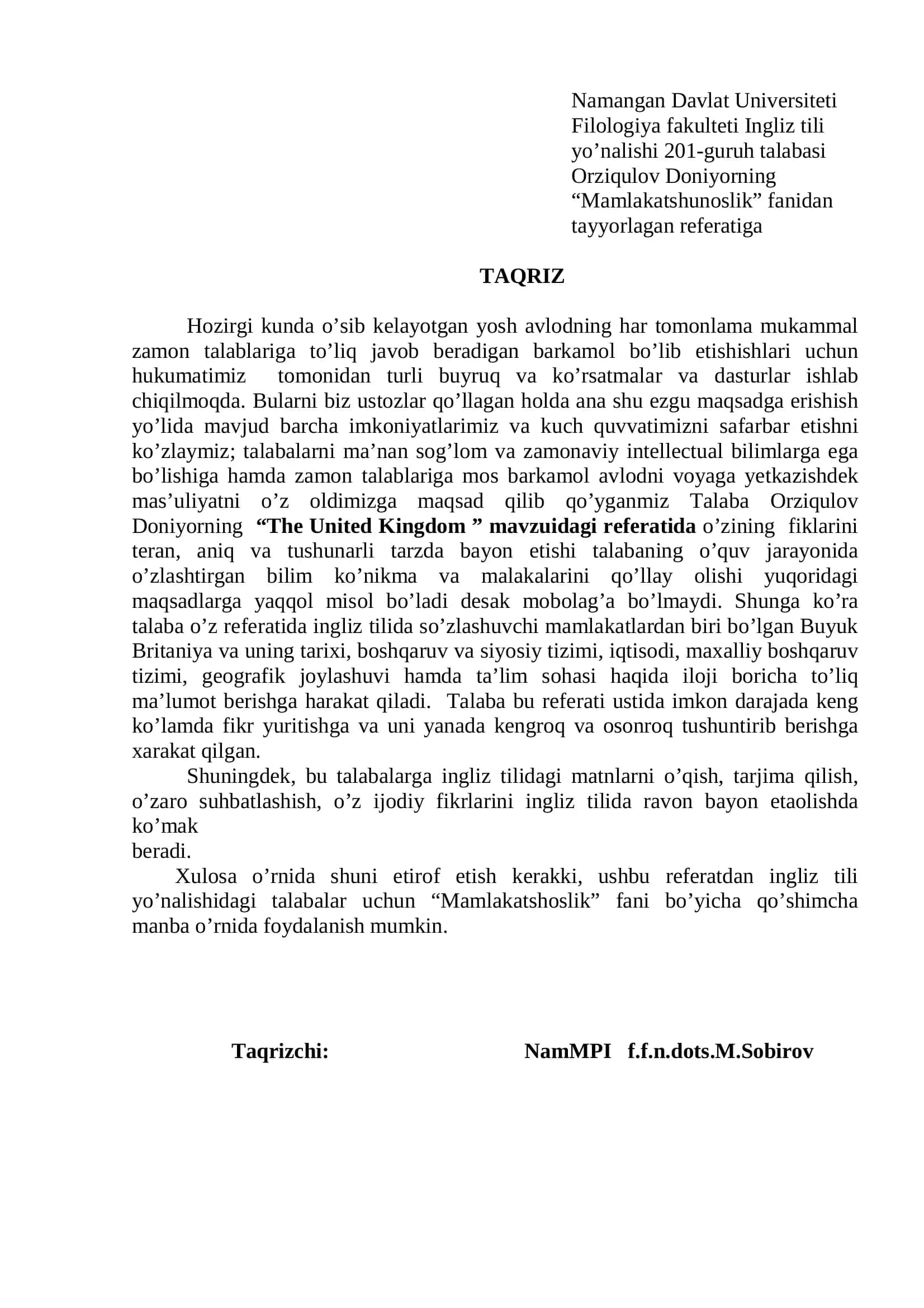 Referat "Mamlakatshunoslik" 3