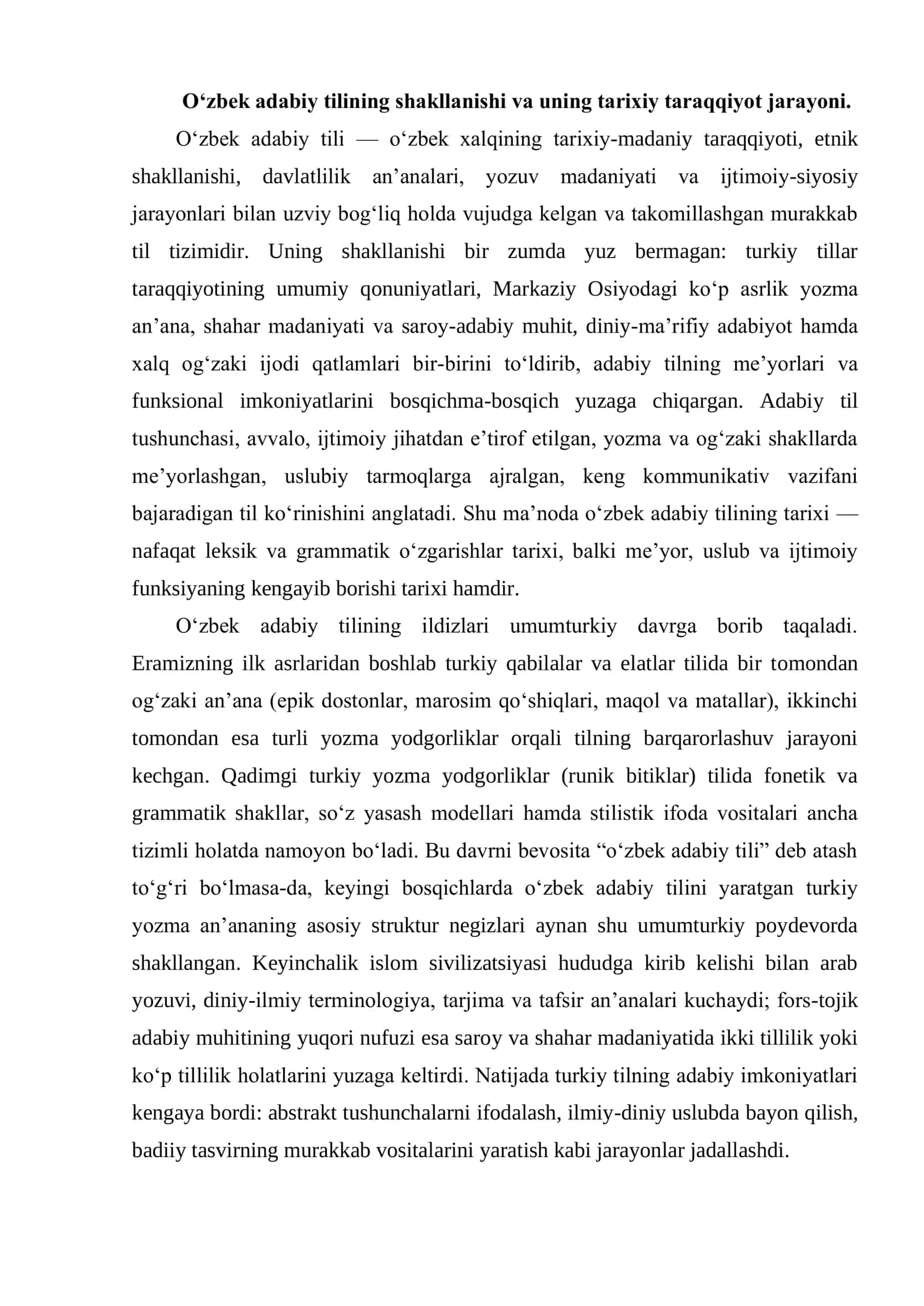ADABIY TILNING SHAKLLANISHIDA BOSHQA TIZIMDAGI TILLARNING O‘RNI. O‘ZBEK TILI TARIXINI DAVRLASHTIRISHDA TILSHUNOS OLIMLARNING TASNIFI 3