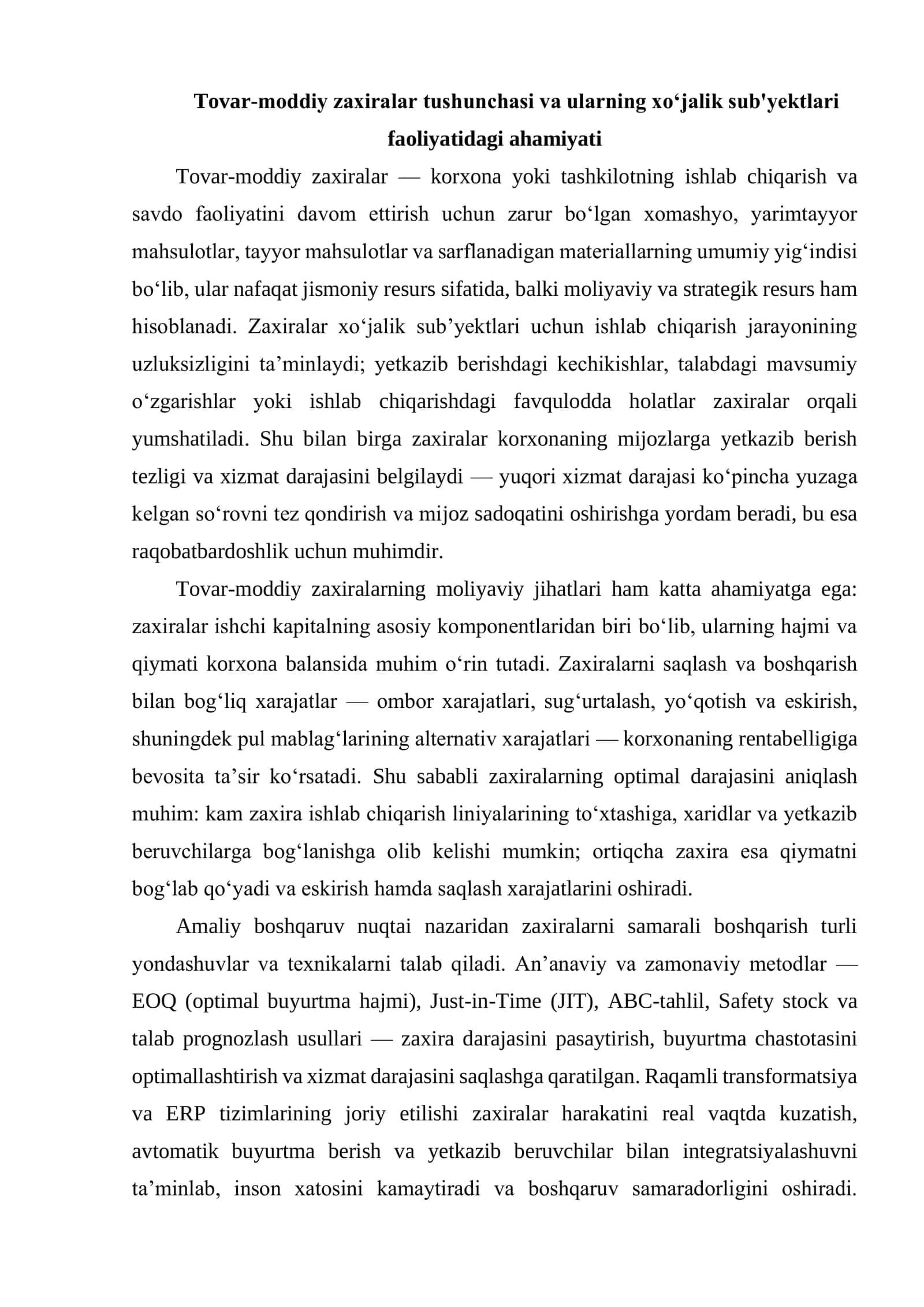 TOVAR-MODDIY ZAXIRALAR (TMZ)NING XO‘JALIK SUB’YEKTLARI FAOLIYATIDA TUTGAN O‘RNI VA BU SOHADA HISOBNING VAZIFALARI 3