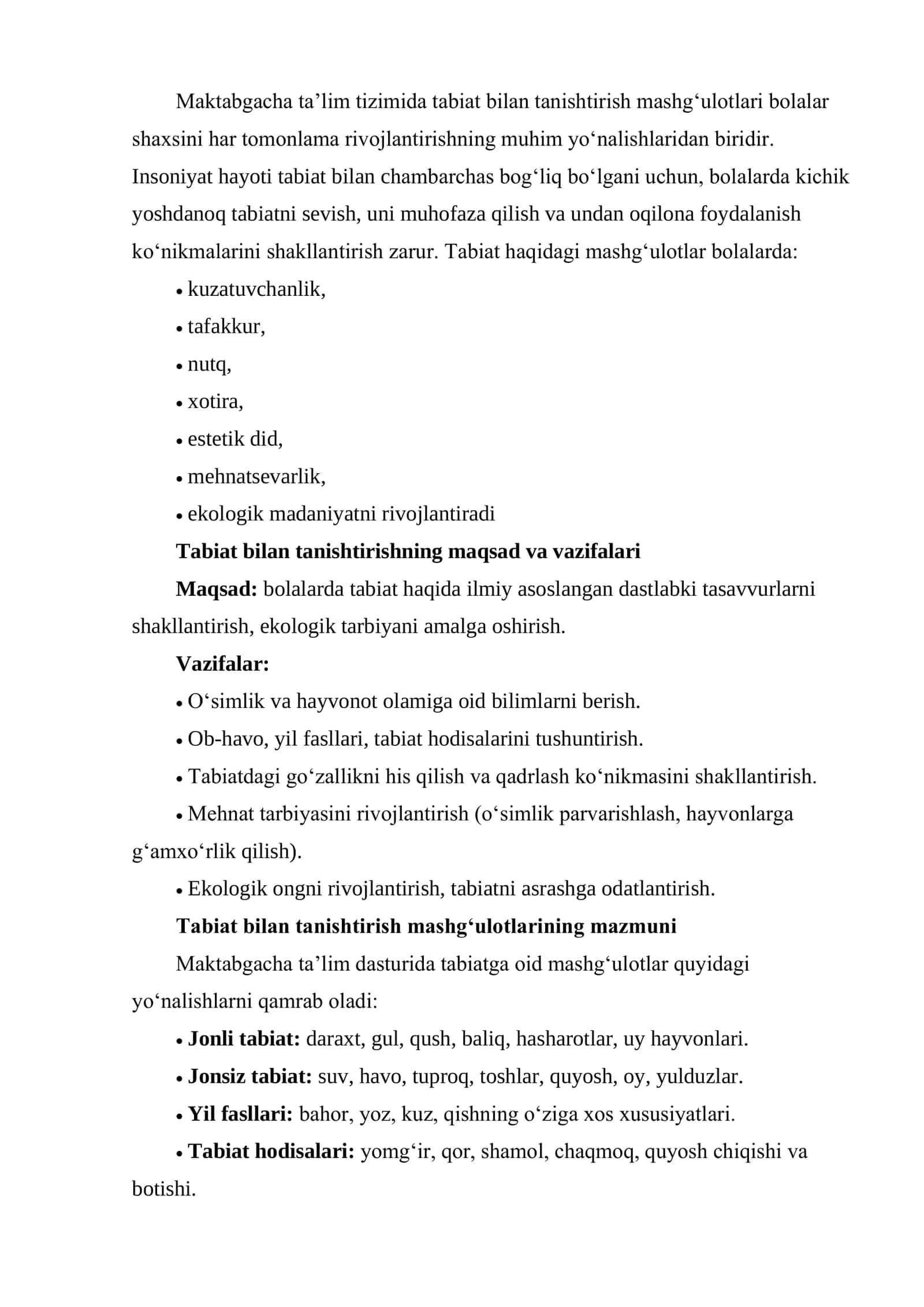 Maktabgacha yoshdagi bolalarni tabiat bilan tanishtirish mashg‘ulotlarida talim-tarbiyaviy ishlarni tashkil etish 3