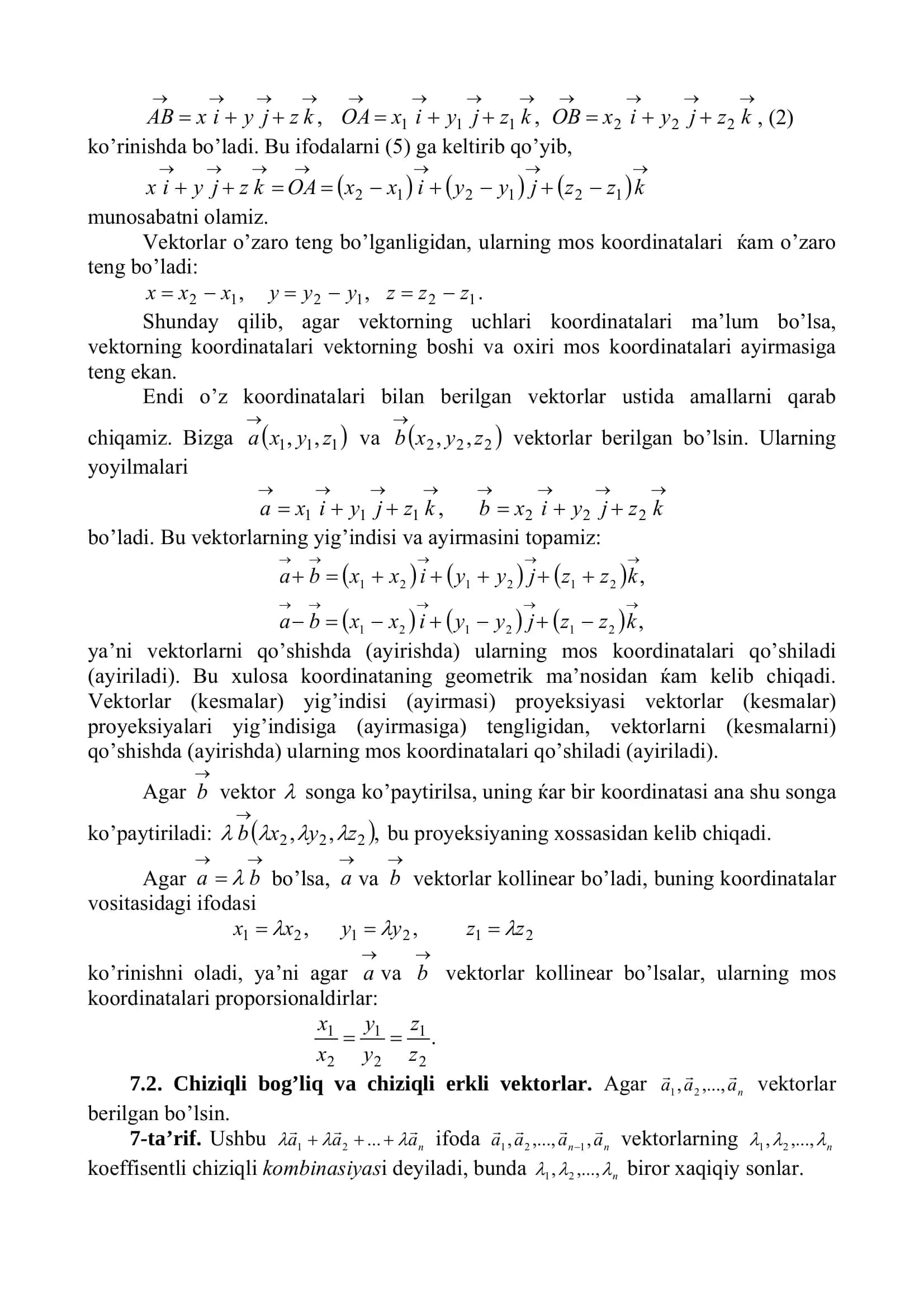 Oliy matematika: chiziqli bog‘liq vektorlar va skalyar ko‘paytma (PDF) 3