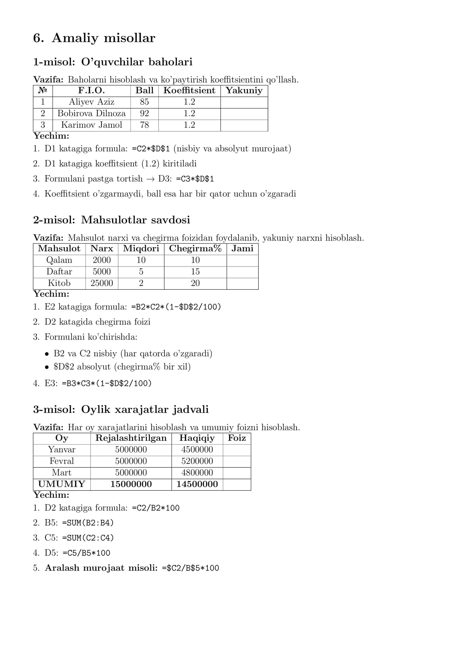 Formula va funksiyalarni yaratish. Katakka absolyut va nisbiy murojaat 3