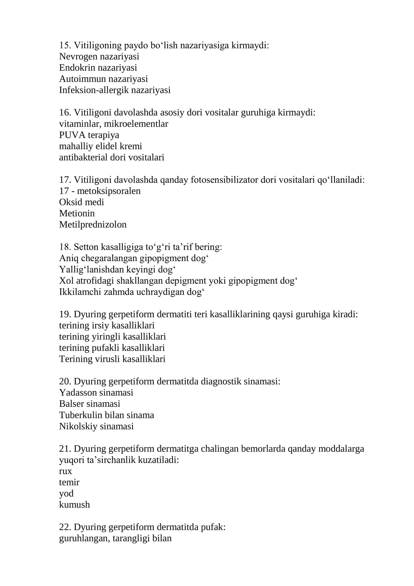 Dermatovenerologiya mutaxasisligi test savollari 3