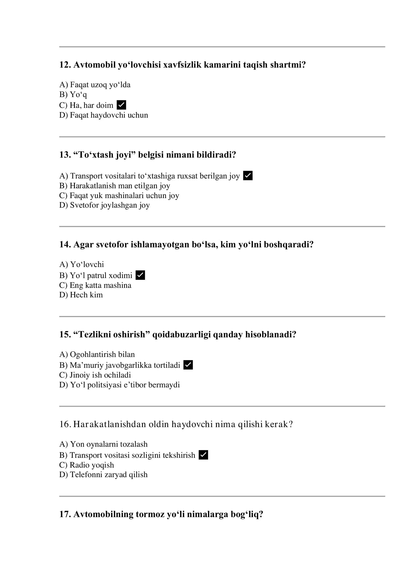 haydovchilik guvohnomasini olish uchun 100 talik tes royhati 3