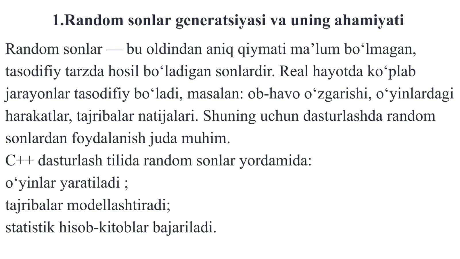Random sonlar generatsiyasi va statistik masalalar yechimi 3