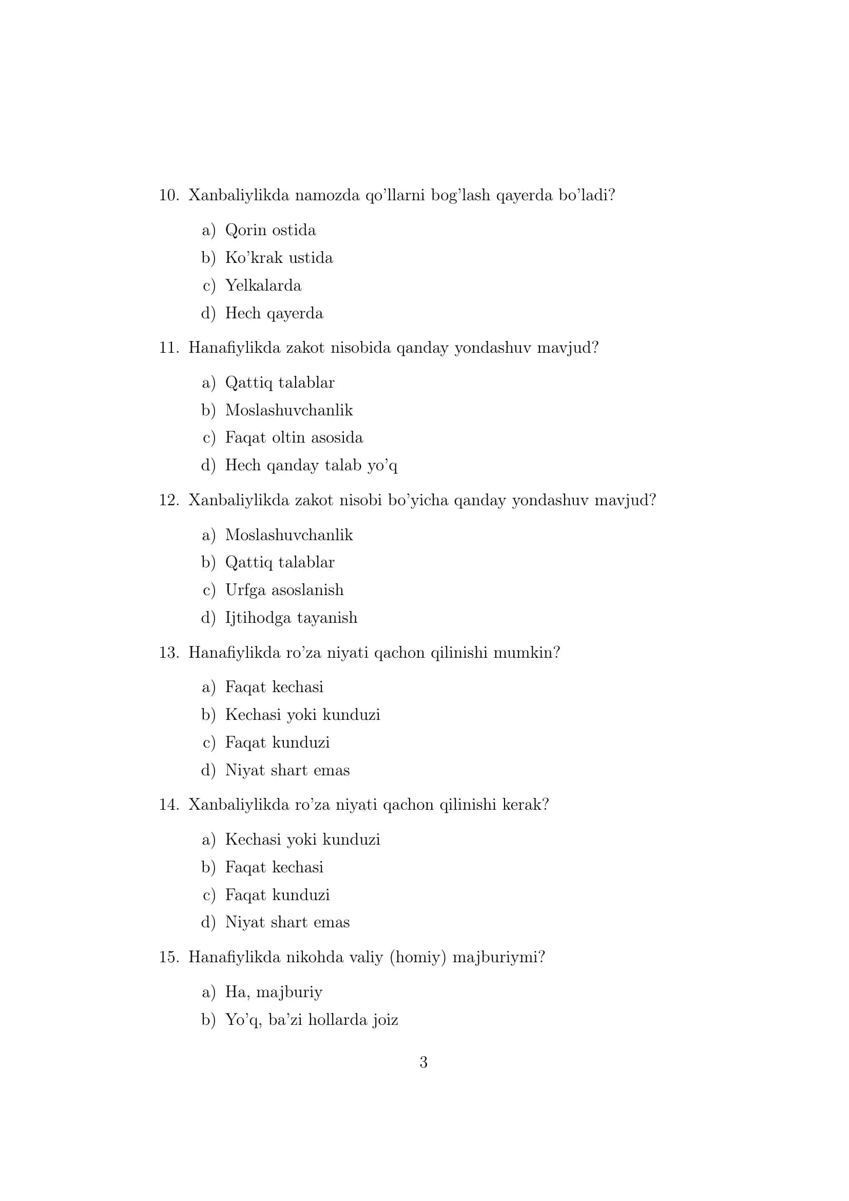 Hanafiylik va Xanbaliylik Mazhablariga oid Test Savollari 3