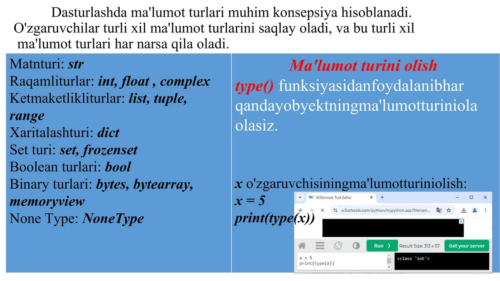 6-mavzu. Python tilida ma’lumotlarvaularning turlari.O‘zgarmaslar. O‘zgaruvchilar.Pythontilida ifodalar. Operatorlar 3