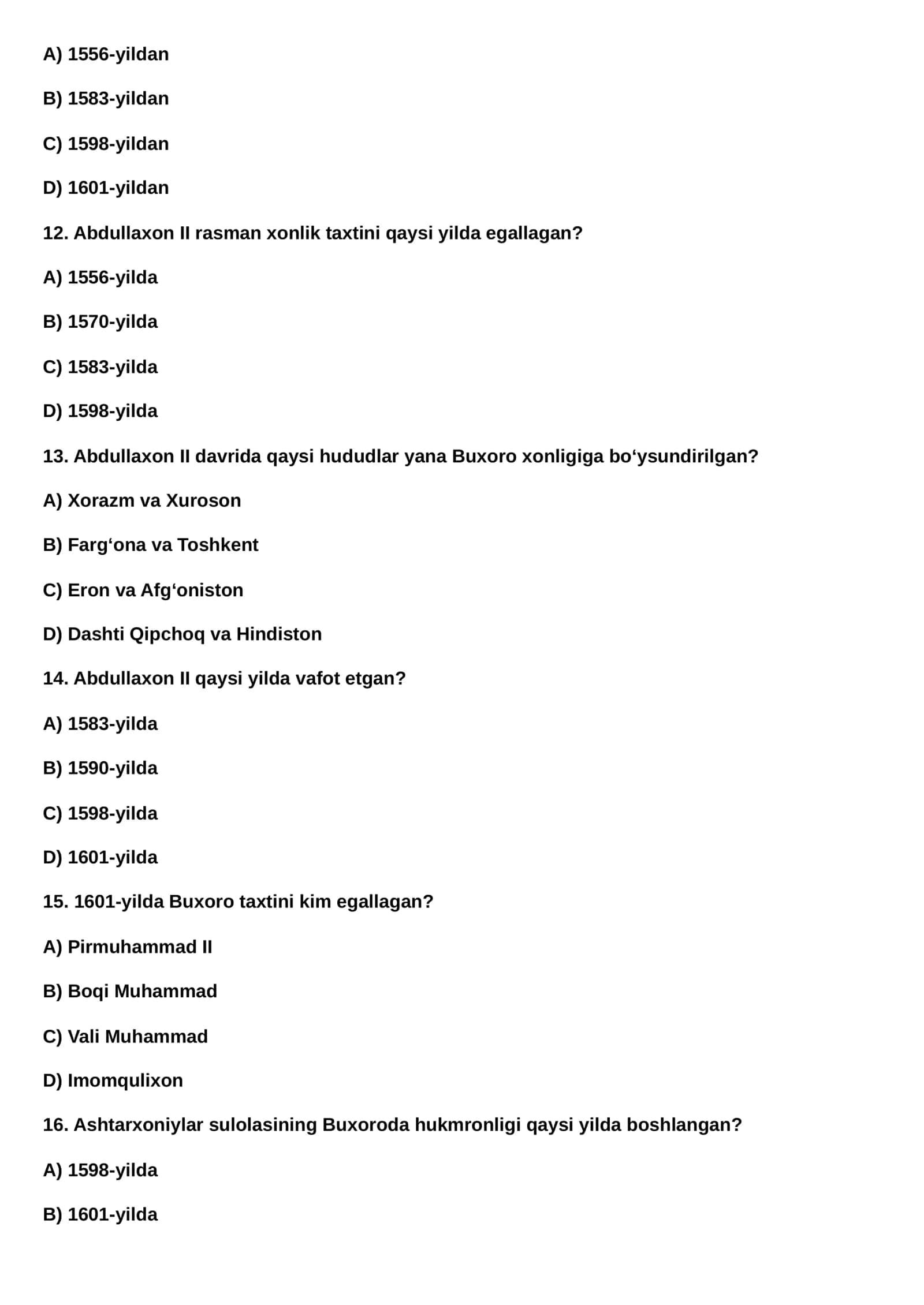 8 sinf O'zbekiston tarixi fanidan 100 ta test javoblari bilan 3