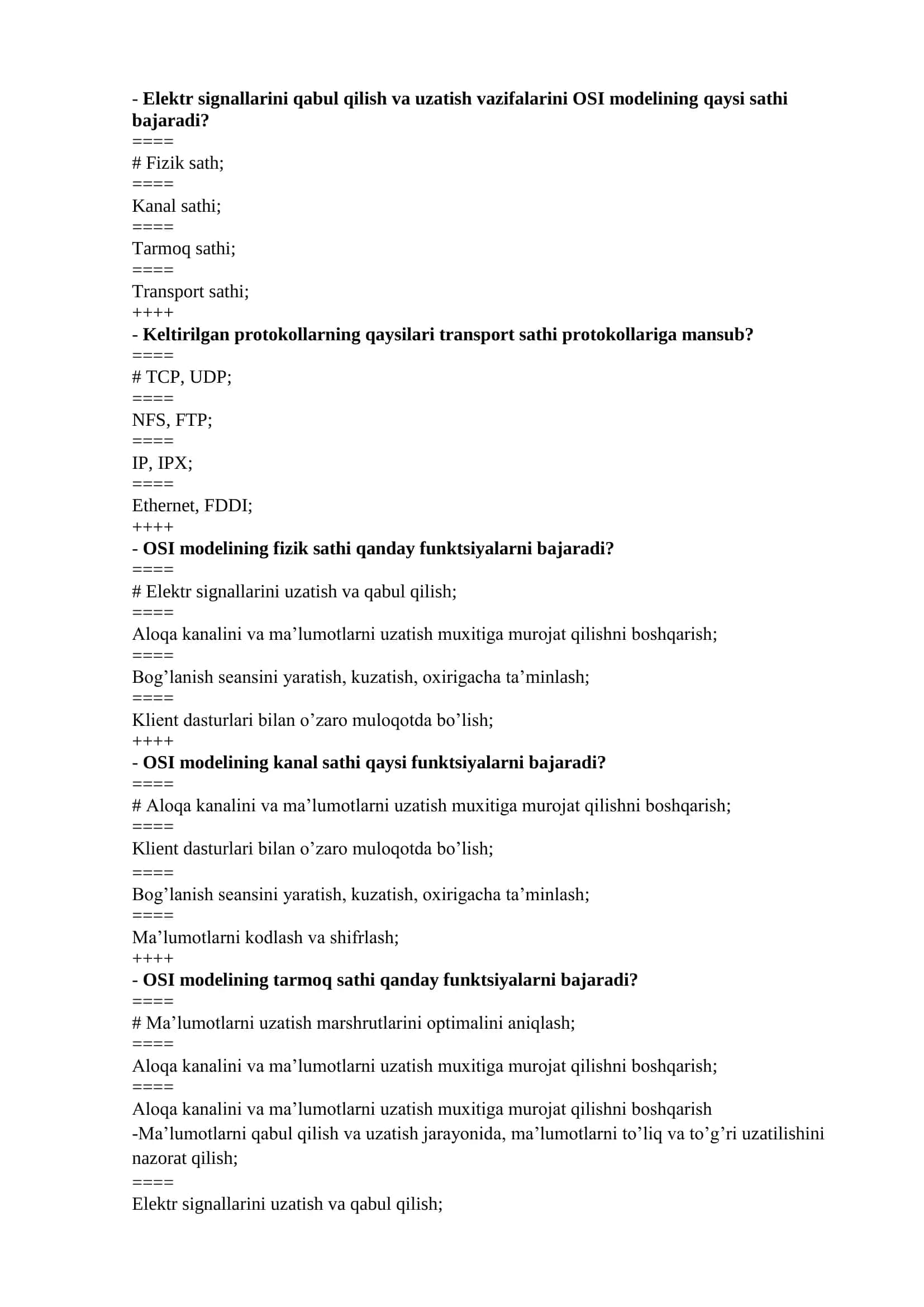 Multimedia aloqa tarmoqlari test savollari javoblari 3