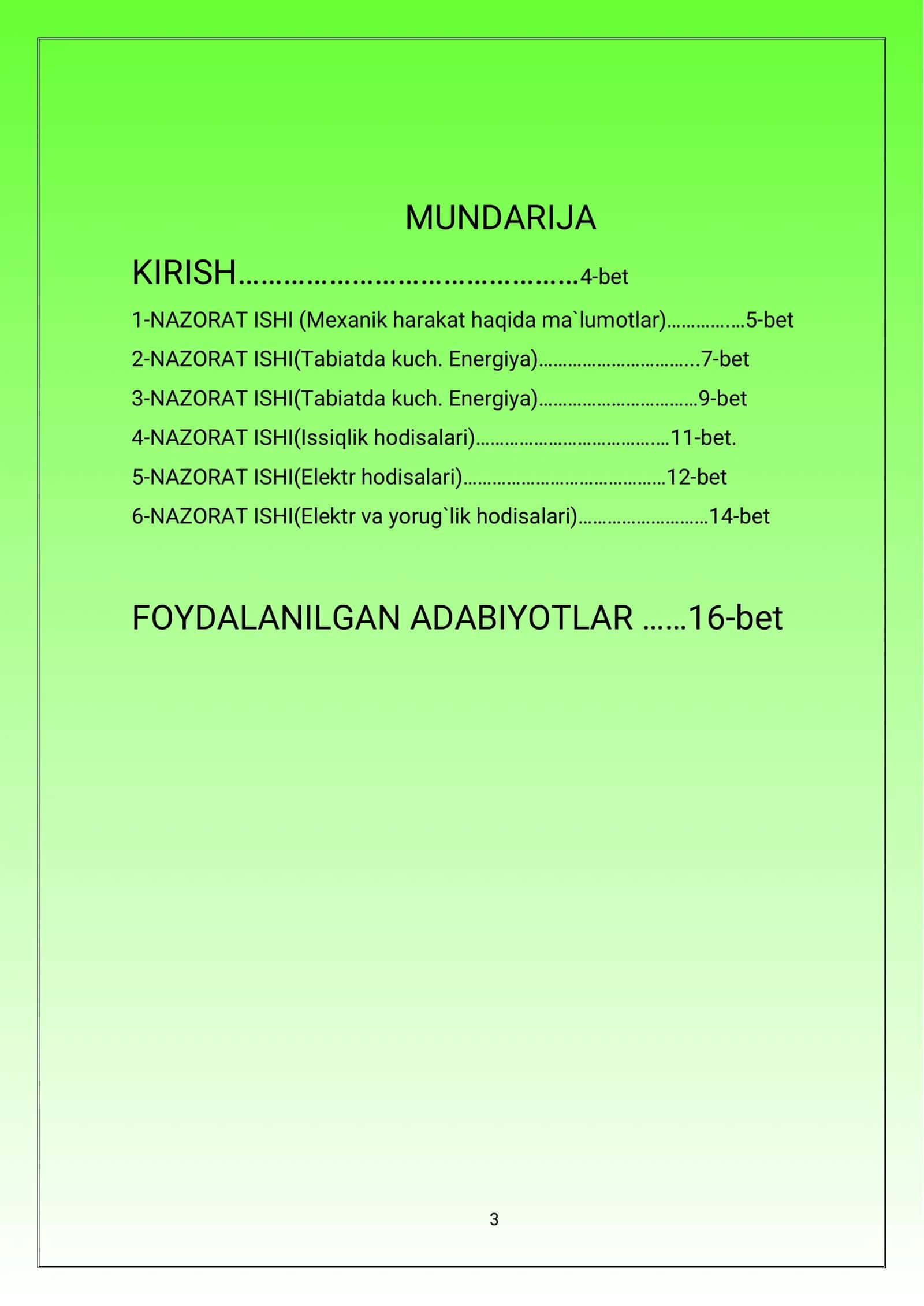 7-sinf Fizika fanidan nazorat ishi daftari 3