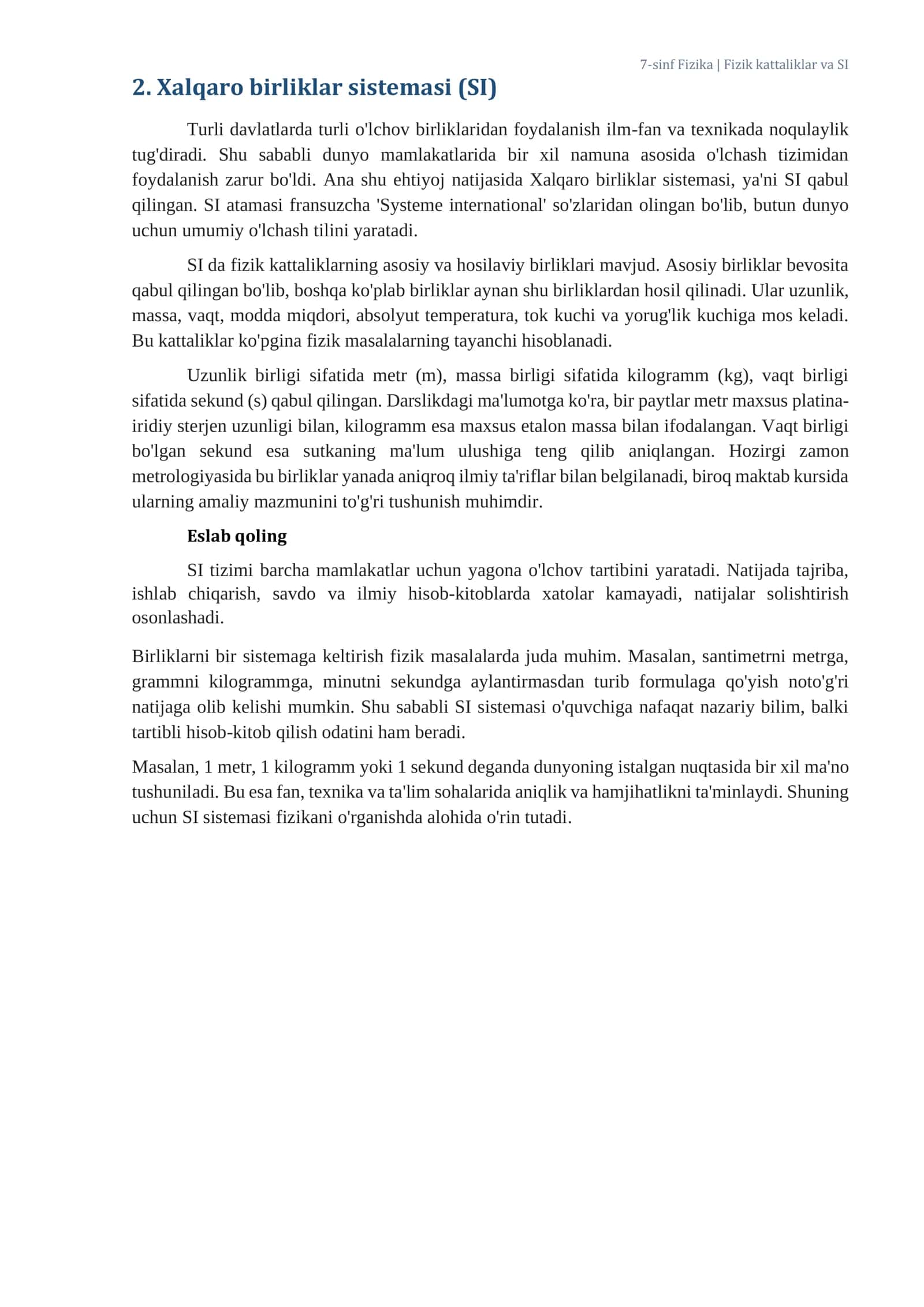 FIZIK KATTALIKLAR. Xalqaro birliklar sistemasi (SI) 3