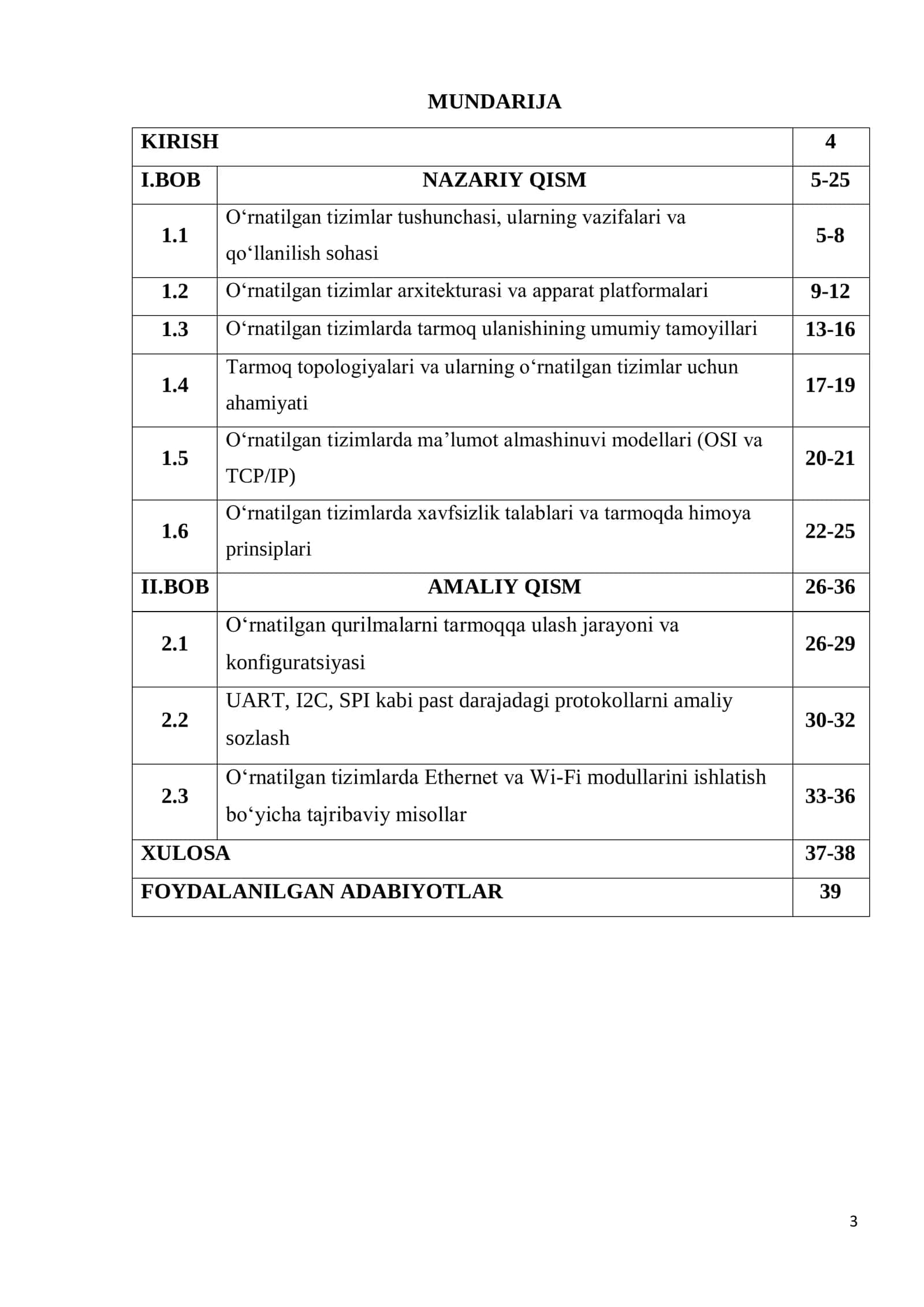 O‘rnatilgan tizimlar, tarmoqlar va protokollar 3
