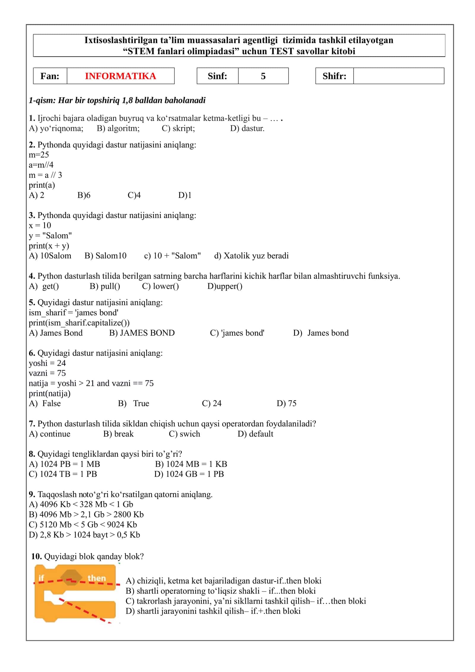 STEM fanlari olimpiadasi - Informatika test kitobi 3