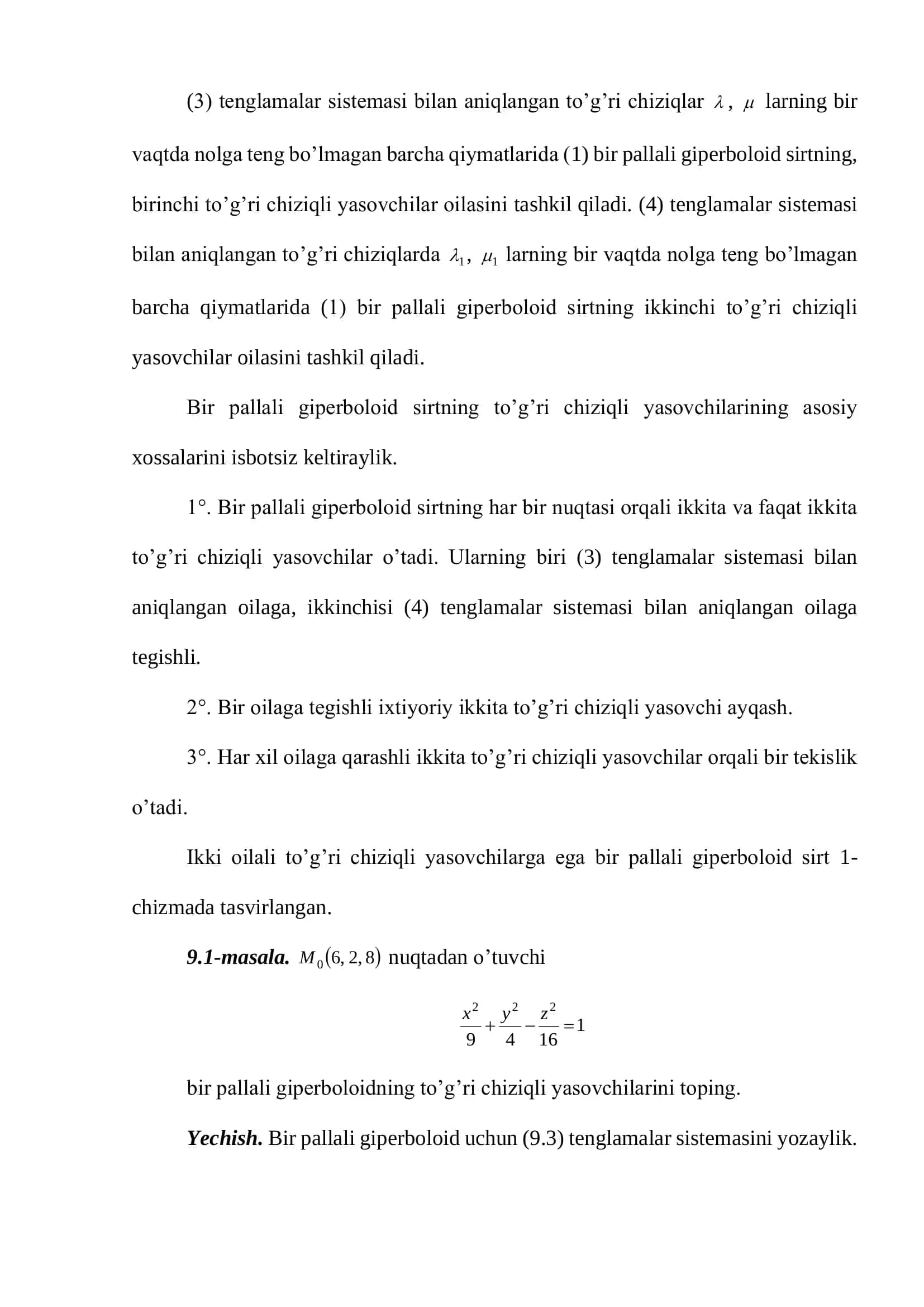 Bir pallali giperboloidning tо‘g‘ri chiziqli yasovchilari oilasi 3