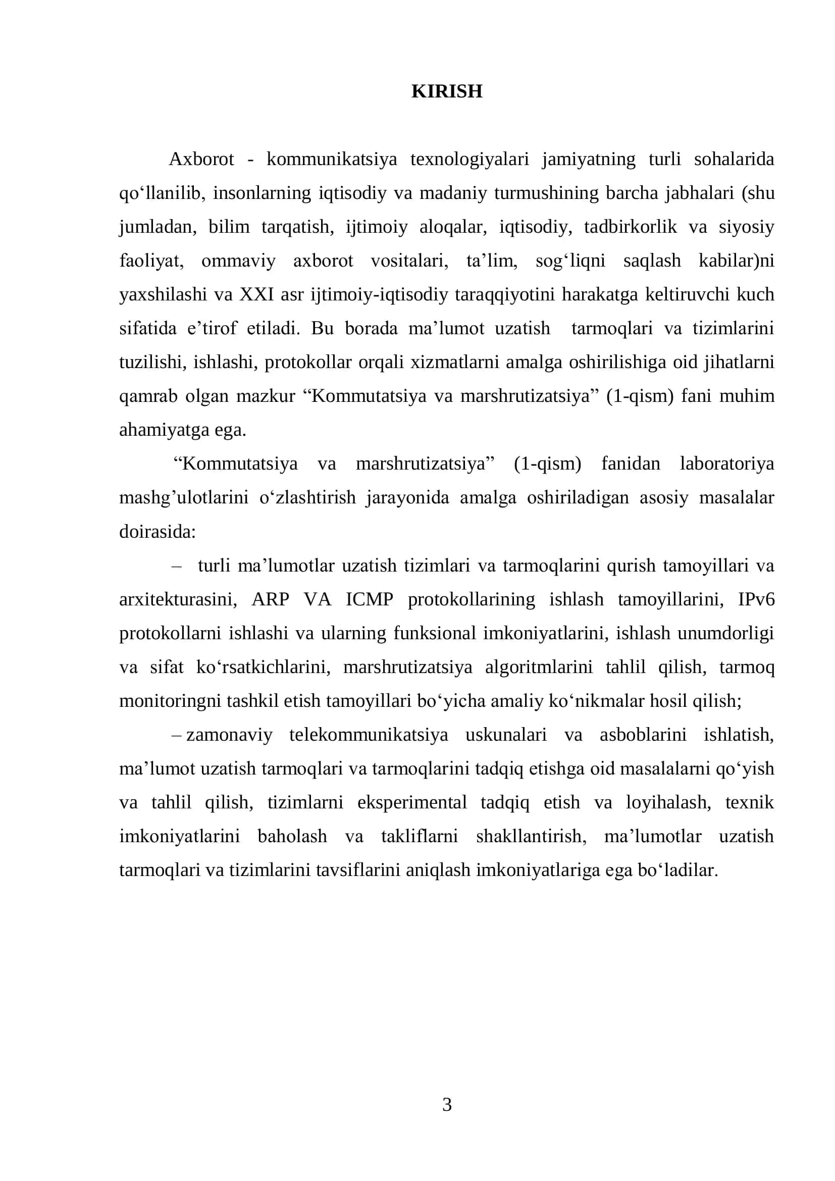Kommutatsiya va marshrutizatsiya (1-qism) fanidan laboratoriya ishlarini bajarish uchun uslubiy qo‘llanma 3