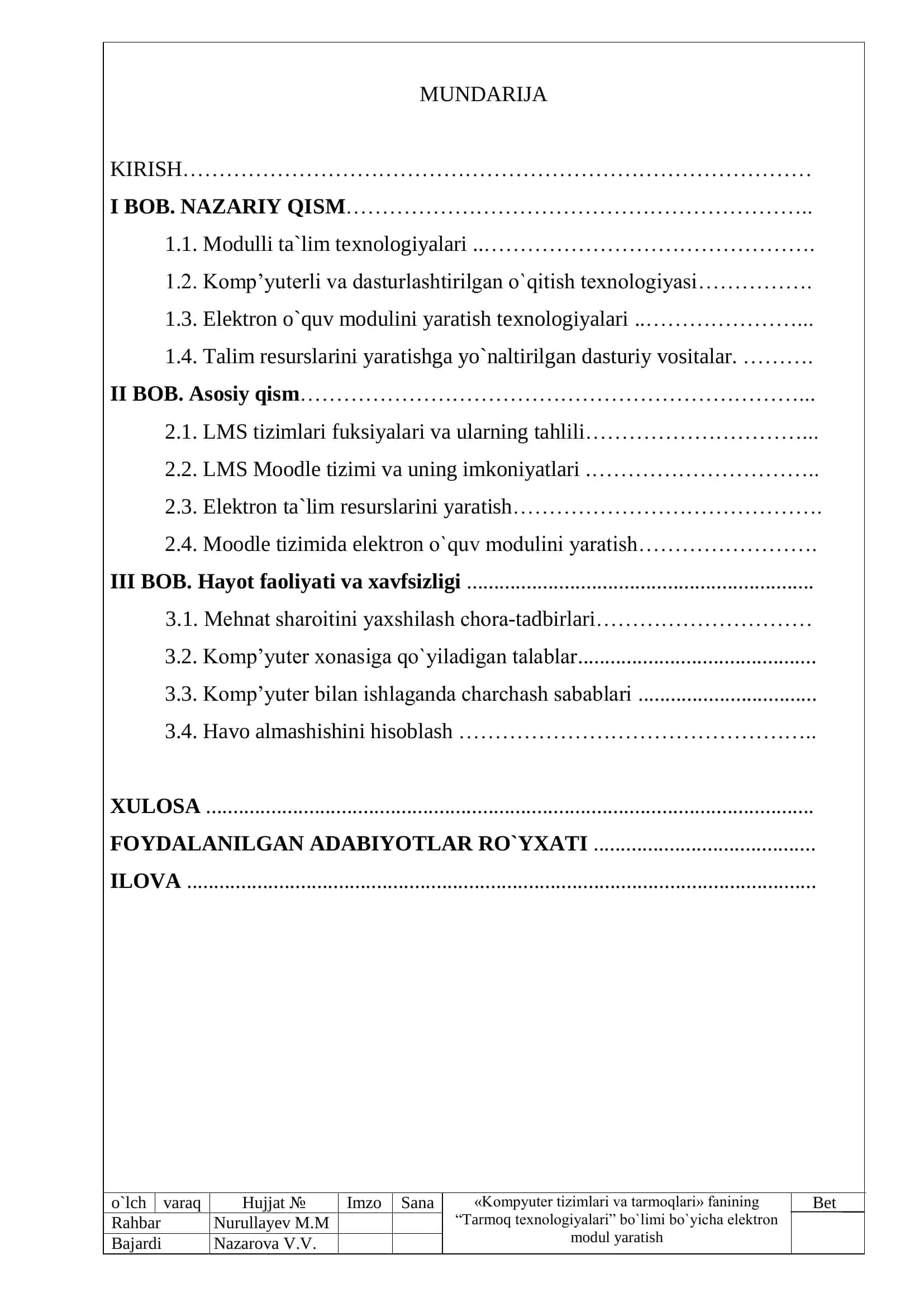 Kompyuter tizimlari va tarmoqlari fanining elektron modul yaratish mavzusidagi BITIRUV MALAKAVIY ISH 3