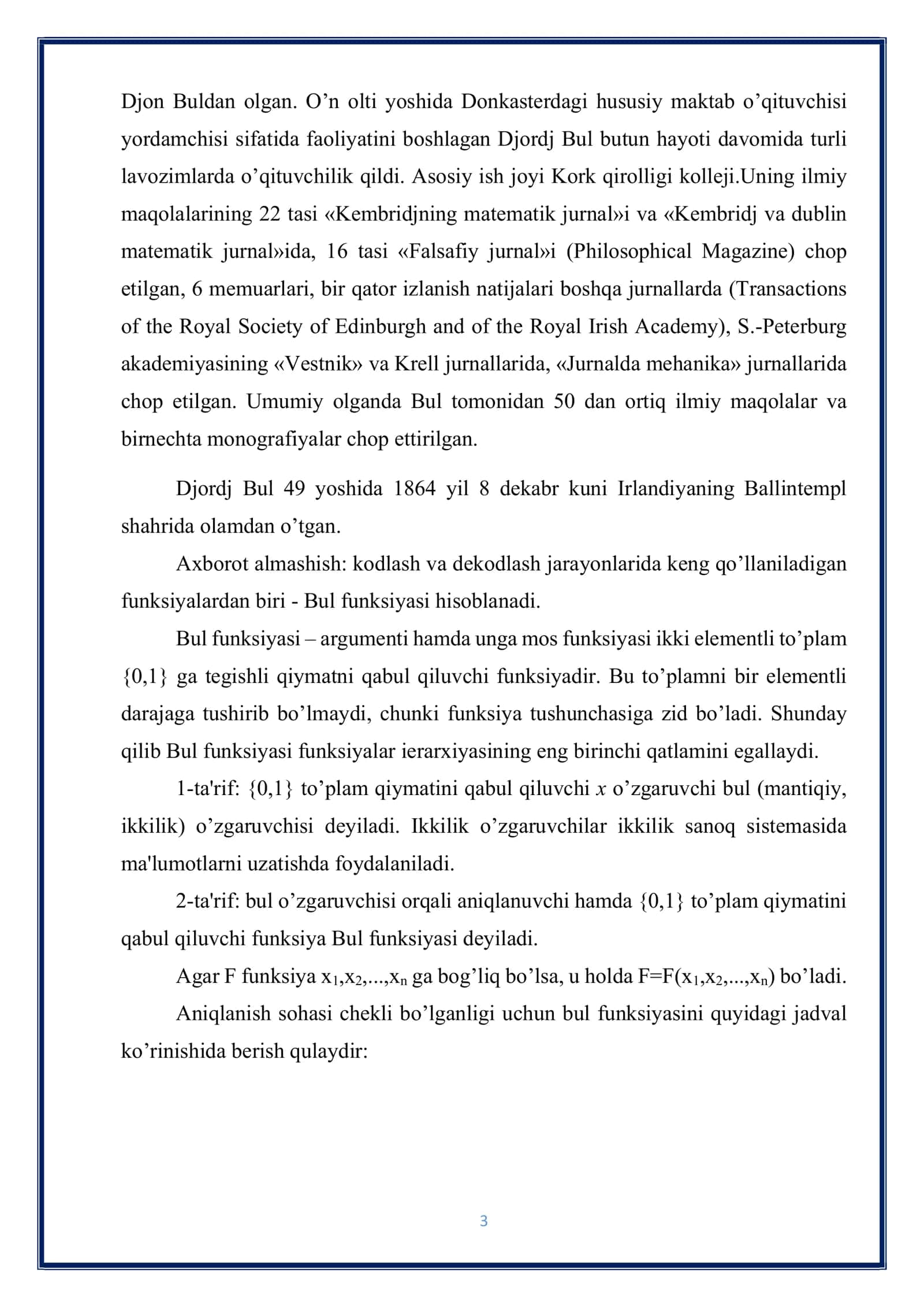 Fikrlar (mulohazalar) algebrasi, asosiy amallar, xossalari, to’liq amallar sistemasi 3