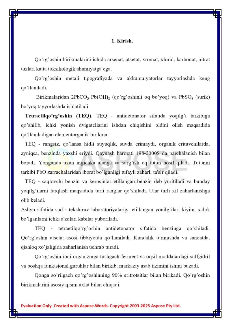10. Tetraetilqo'rg'oshin. Toksikologik ahamiyati,  ashyoviy dalillardan ajratib olish va tahlil usullari. Referat 9 bet. 3