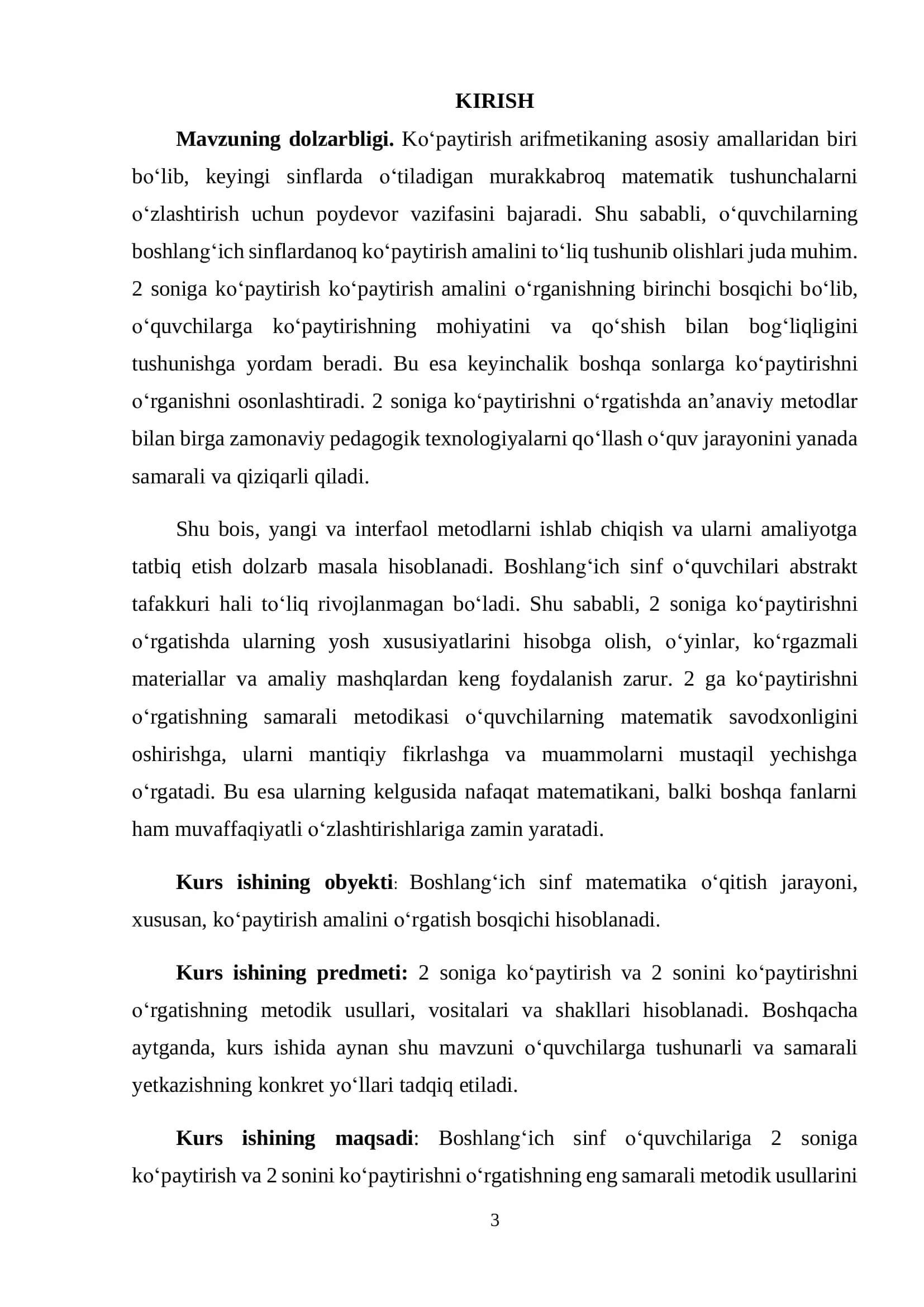 “2 SONIGA KO‘PAYTIRISH VA 2 SONINI KO‘PAYTIRISHNI O‘RGATISH METODIKASI” FANIDAN KURS ISHI 3