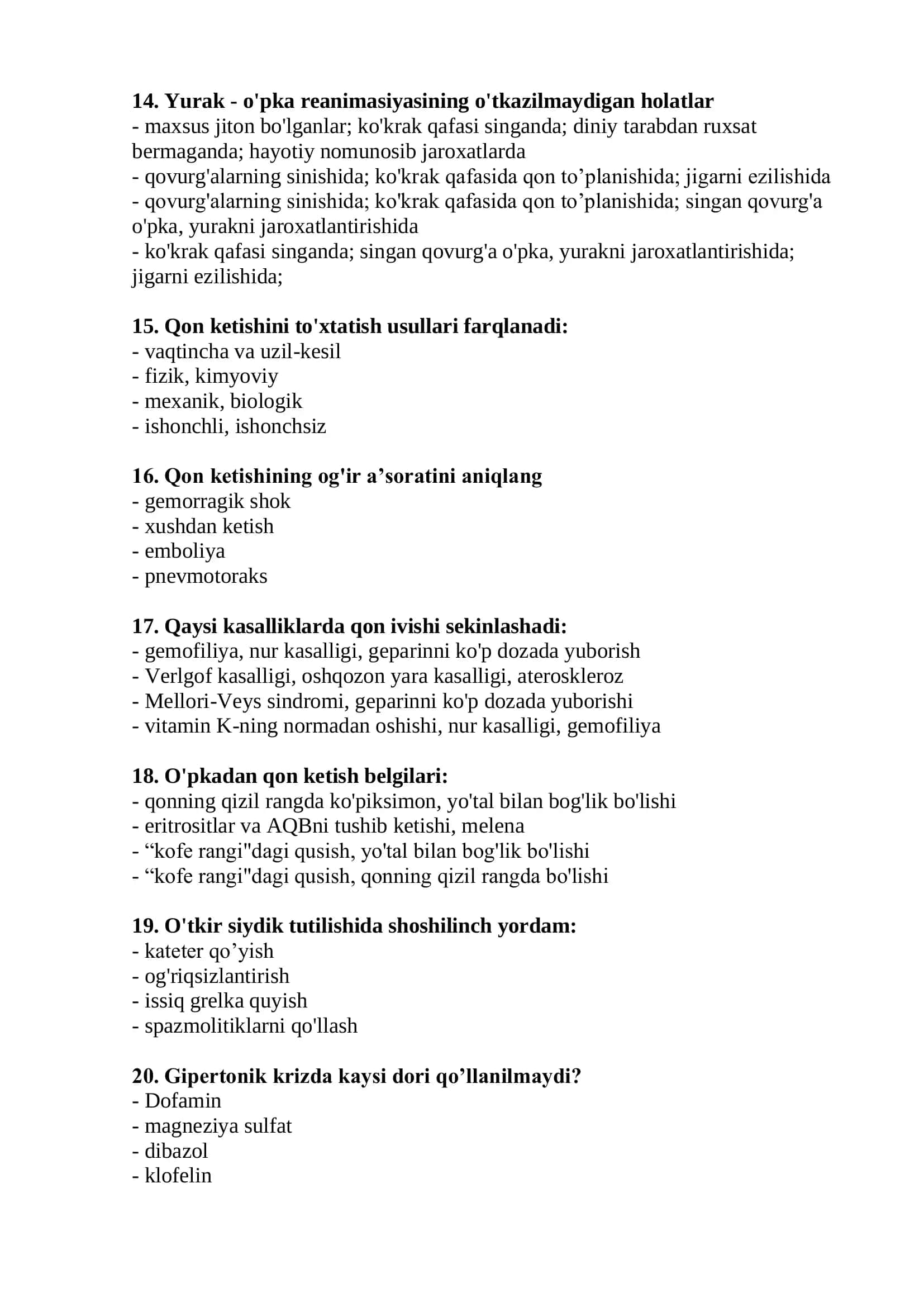 Davolash ishi mutaxassisligi bo'yicha shakllantirilgan test savollar ro'yxati 3