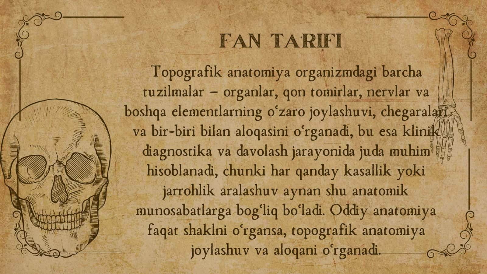 Topografik anatomiya fanining maqsadi va vazifalari, organish usullari va asosiy tushunchalari. 3
