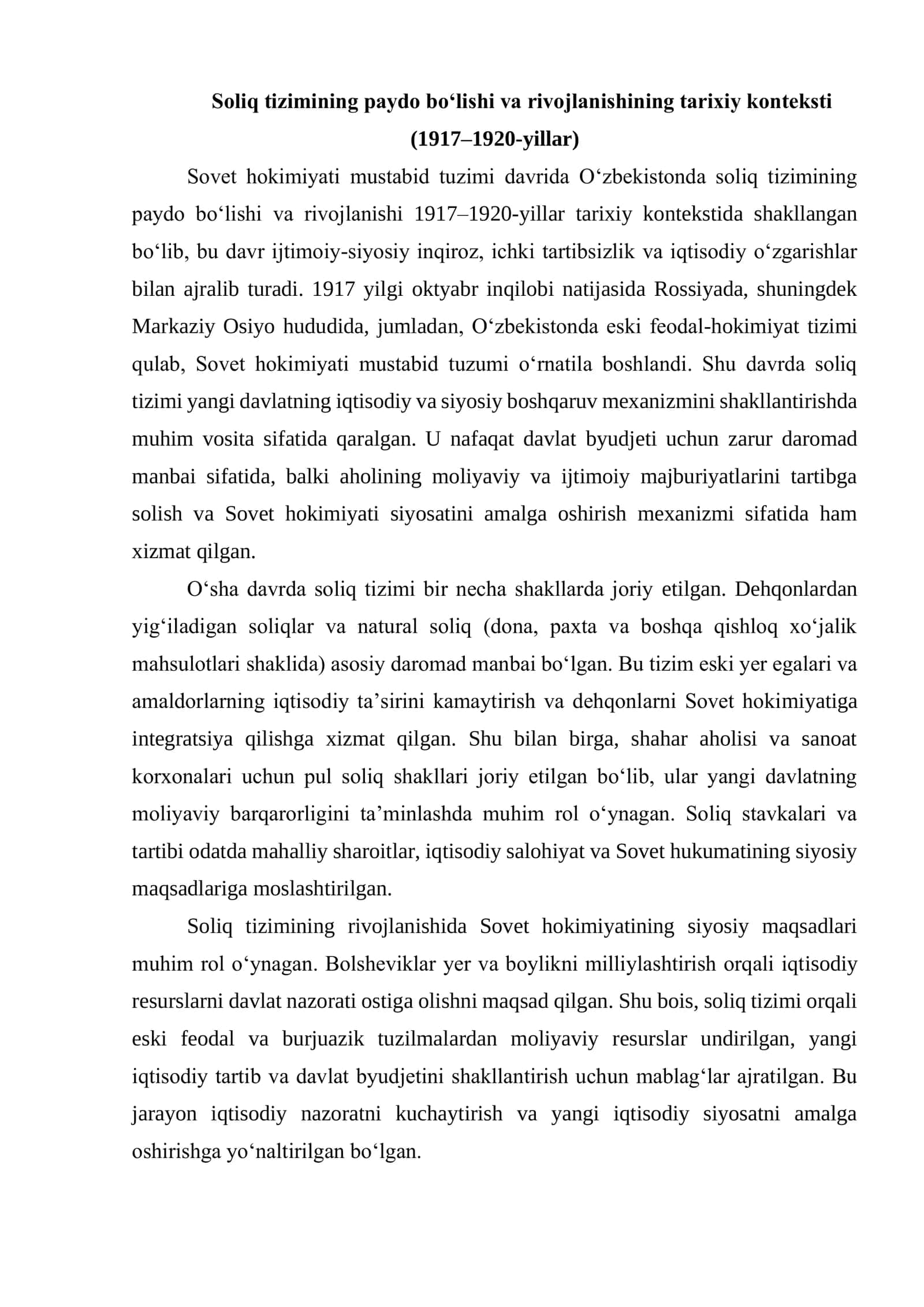 SOVET HOKIMIYATI MUSTABID TUZIMI DAVRIDA O'ZBEKISTONDAGI SOLIQ TIZIMI (1917-1990-YILLARI) 3