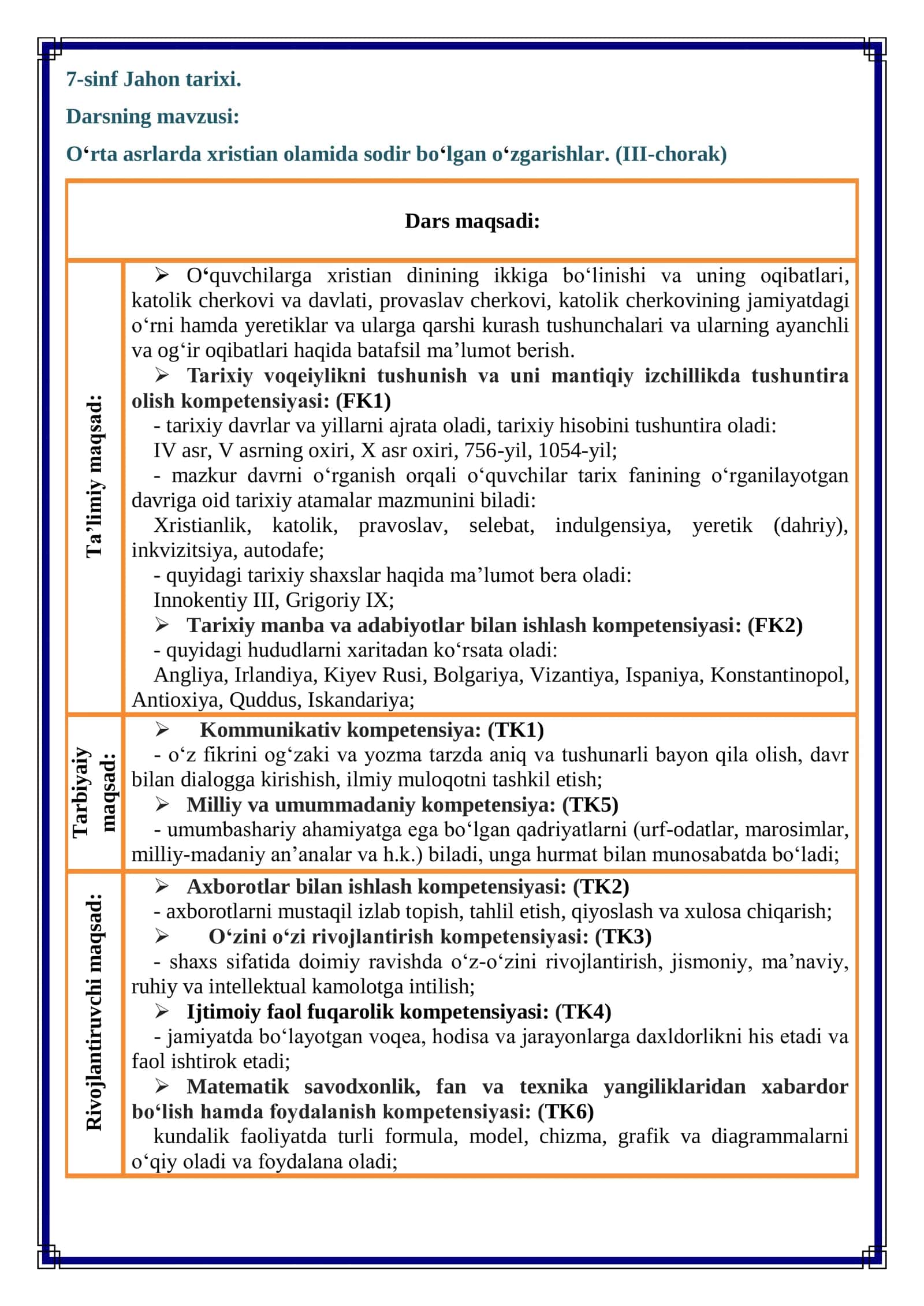 7-sinf Jahon tarixi fanidan dars ishlanma. O'rta asrlarda xristian olamida sodir bo'lgan o'zgarishlar 3